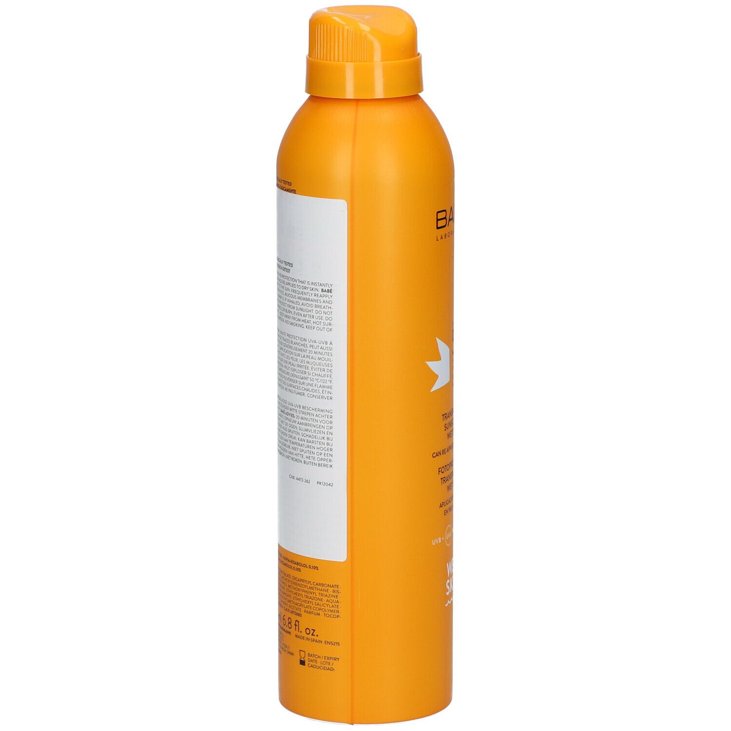 Flacon spray orange avec bouchon jaune. Étiquette blanche latérale avec texte. Nom du produit et marque non visibles.