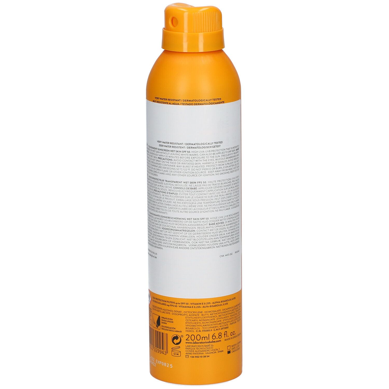 Flacon spray orange avec bouchon jaune. Étiquette blanche au dos avec texte. Nom du produit et marque non visibles.
