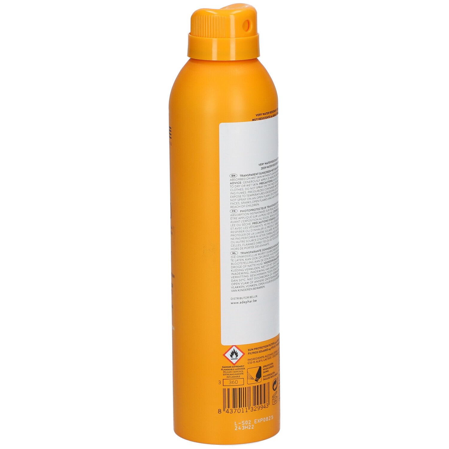 Flacon spray orange avec bouchon jaune. Étiquette blanche latérale avec texte. Nom du produit et marque non visibles.