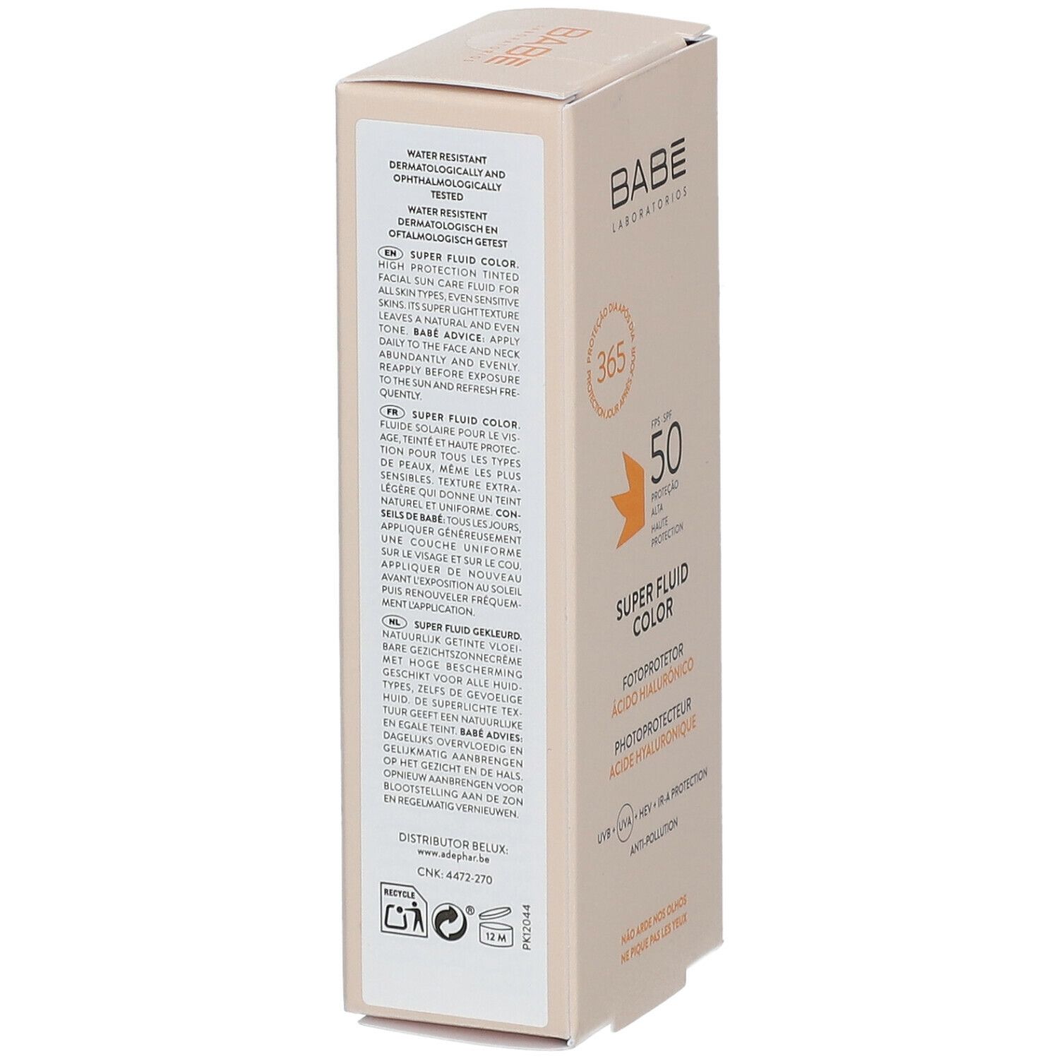 Boîte beige. Texte: Résistant à l'eau, testé dermatologiquement. Inscription: BABÉ. Informations produit au dos.