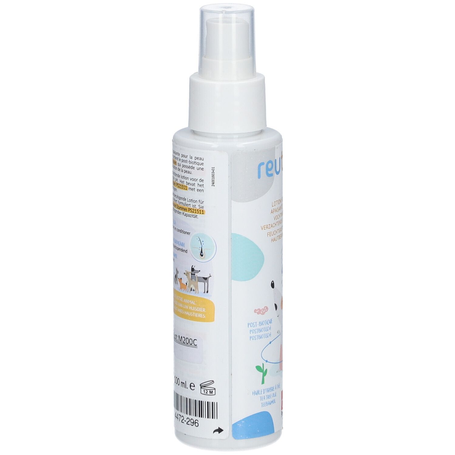 Weiße Sprühflasche mit "reutopic"-Logo. Rückseite mit Text und Illustrationen. 100 ml.
