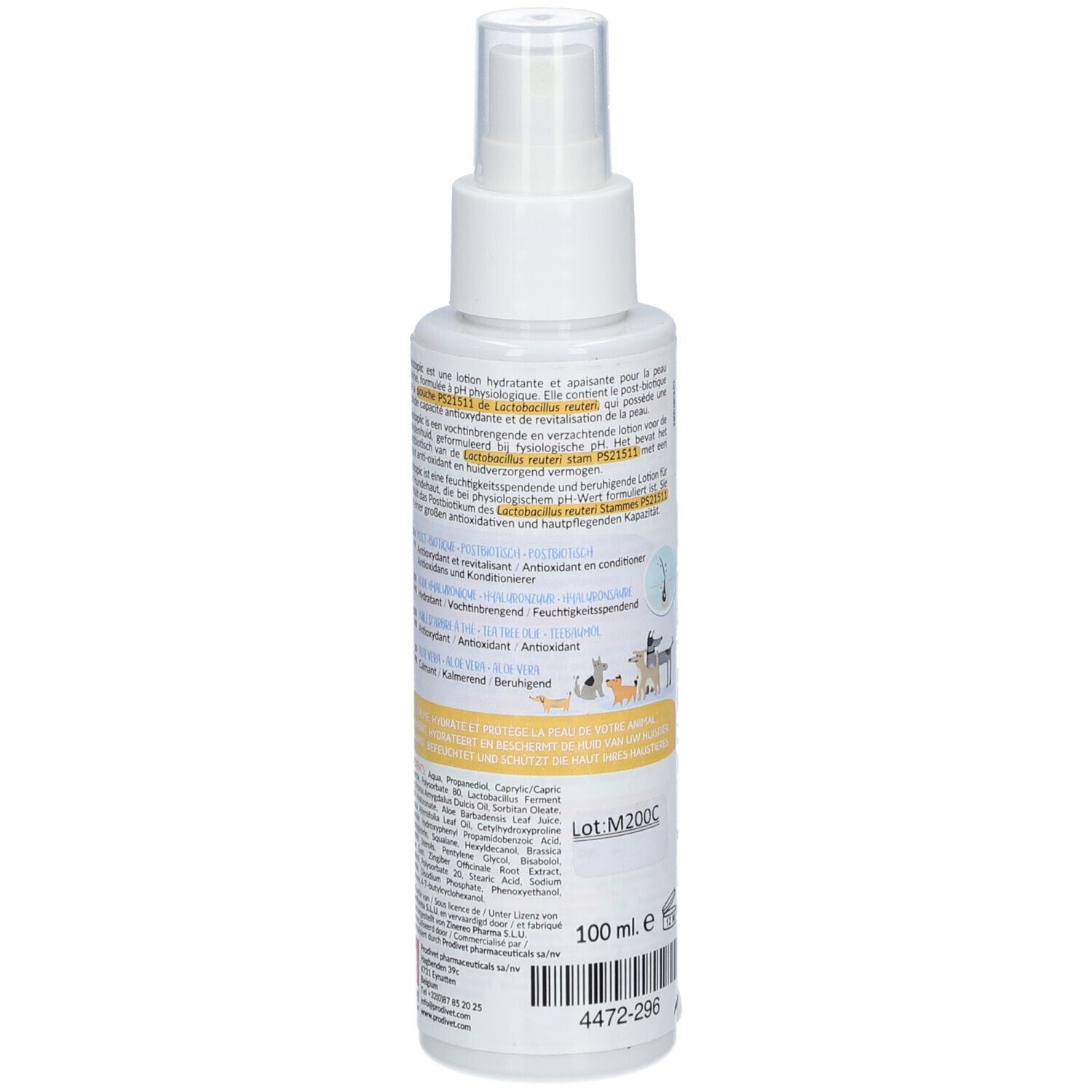 Weiße Sprühflasche mit "reutopic"-Logo. Rückseite mit Text und Inhaltsstoffen. 100 ml.