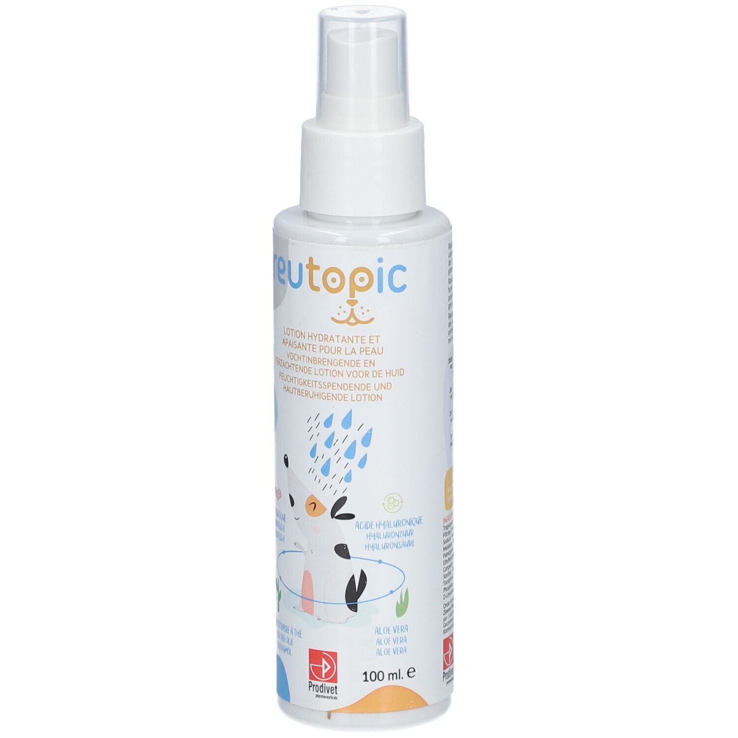 Weiße Sprühflasche mit "reutopic"-Logo. Enthält Lotion. Illustrationen von Tieren und Wassertropfen. 100 ml.
