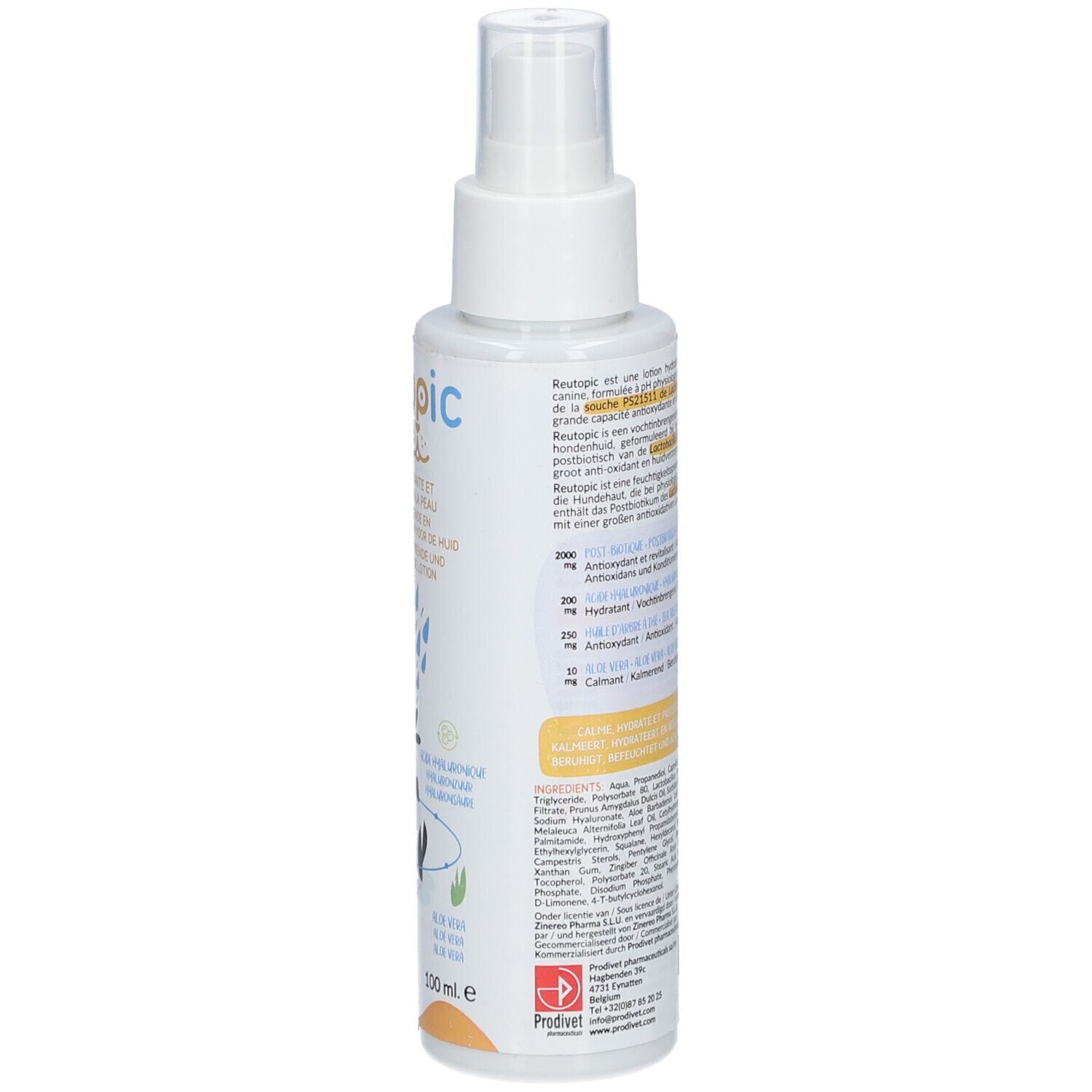 Weiße Sprühflasche mit "reutopic"-Logo. Rückseite mit Text und Inhaltsstoffen. 100 ml.