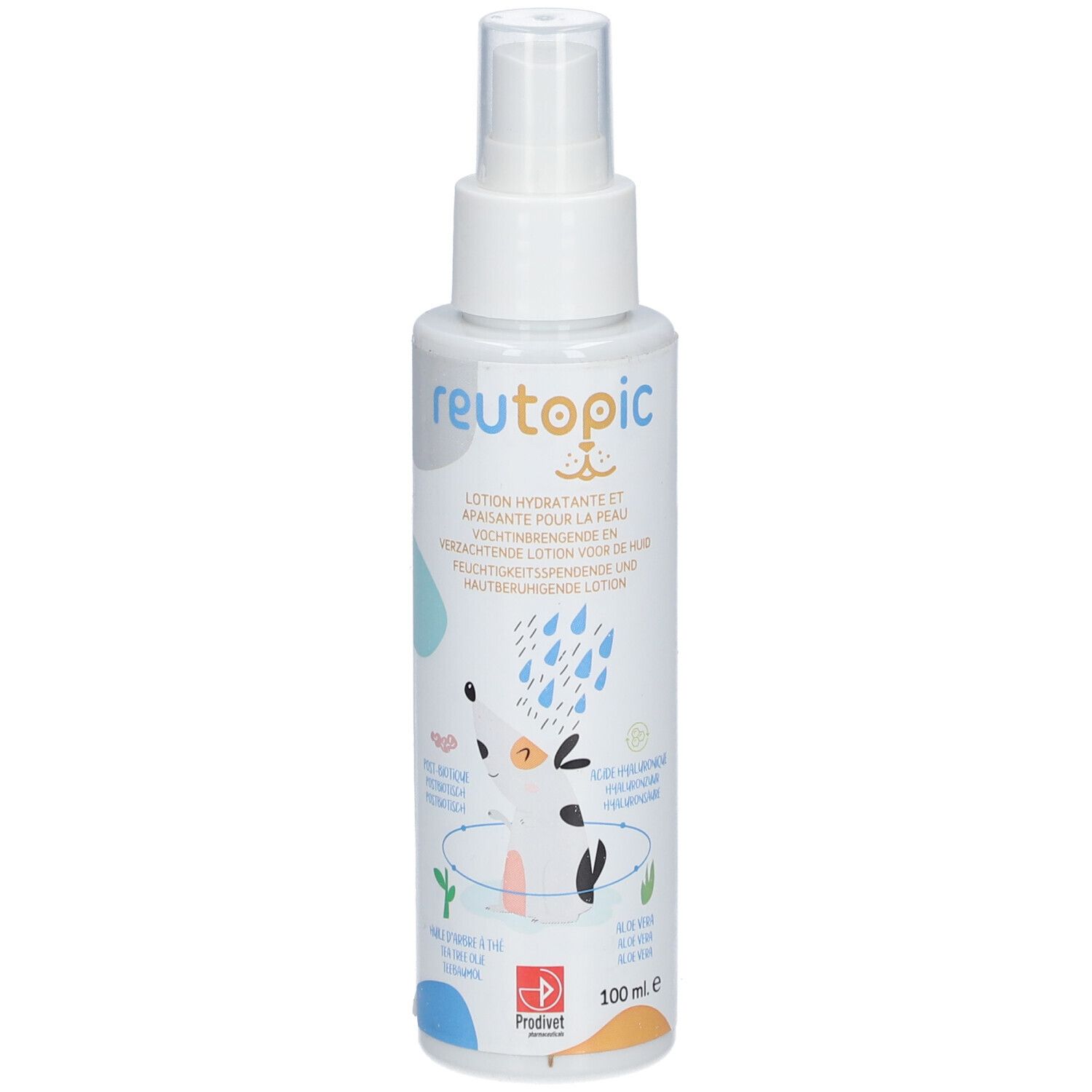 Weiße Sprühflasche mit "reutopic"-Logo. Enthält Lotion. Illustrationen von Tieren und Wassertropfen. 100 ml.