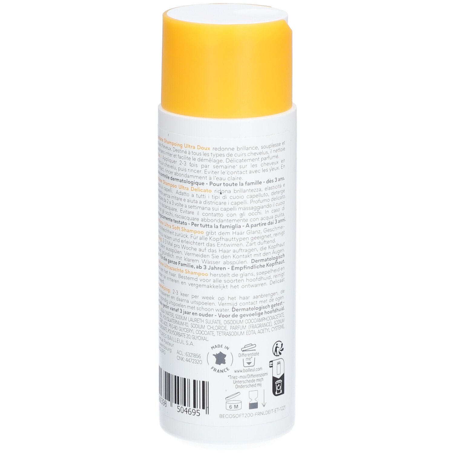 Rückseite der weißen Flasche mit gelbem Deckel. Text in mehreren Sprachen. Produktinformationen.