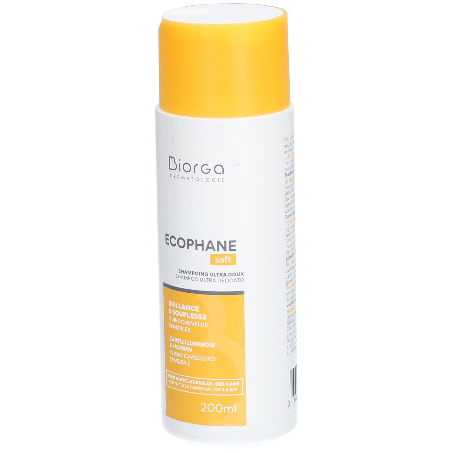 Weiße Flasche mit gelbem Deckel. Aufschrift: Ecophane, Shampooing Ultra Doux. 200ml.