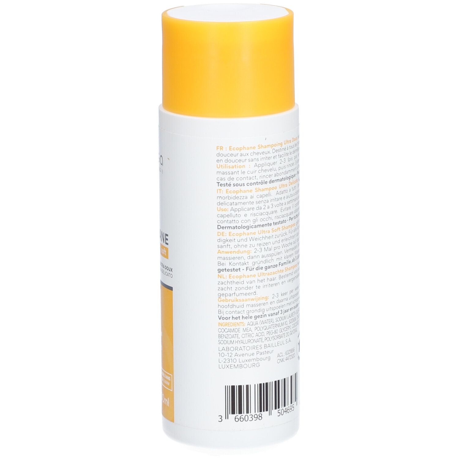 Rückseite der weißen Flasche mit gelbem Deckel. Text in mehreren Sprachen. Produktinformationen.