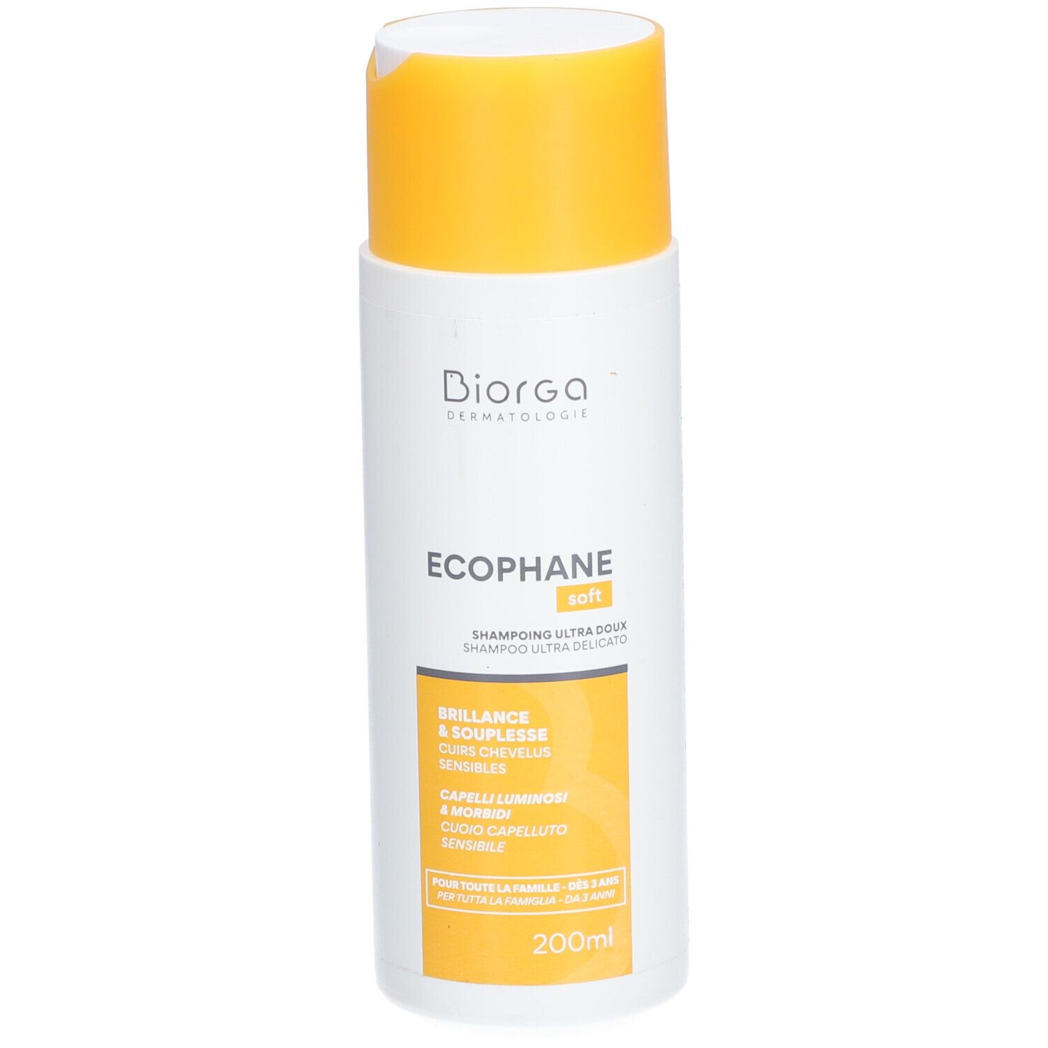 Weiße Flasche mit gelbem Deckel. Aufschrift: Ecophane, Shampooing Ultra Doux. 200ml.