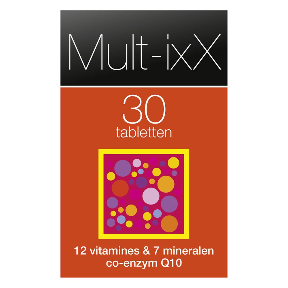 Mult-ixX doos. 30 tabletten, 12 vitaminen & 7 mineralen, co-enzym Q10. Oranje achtergrond.