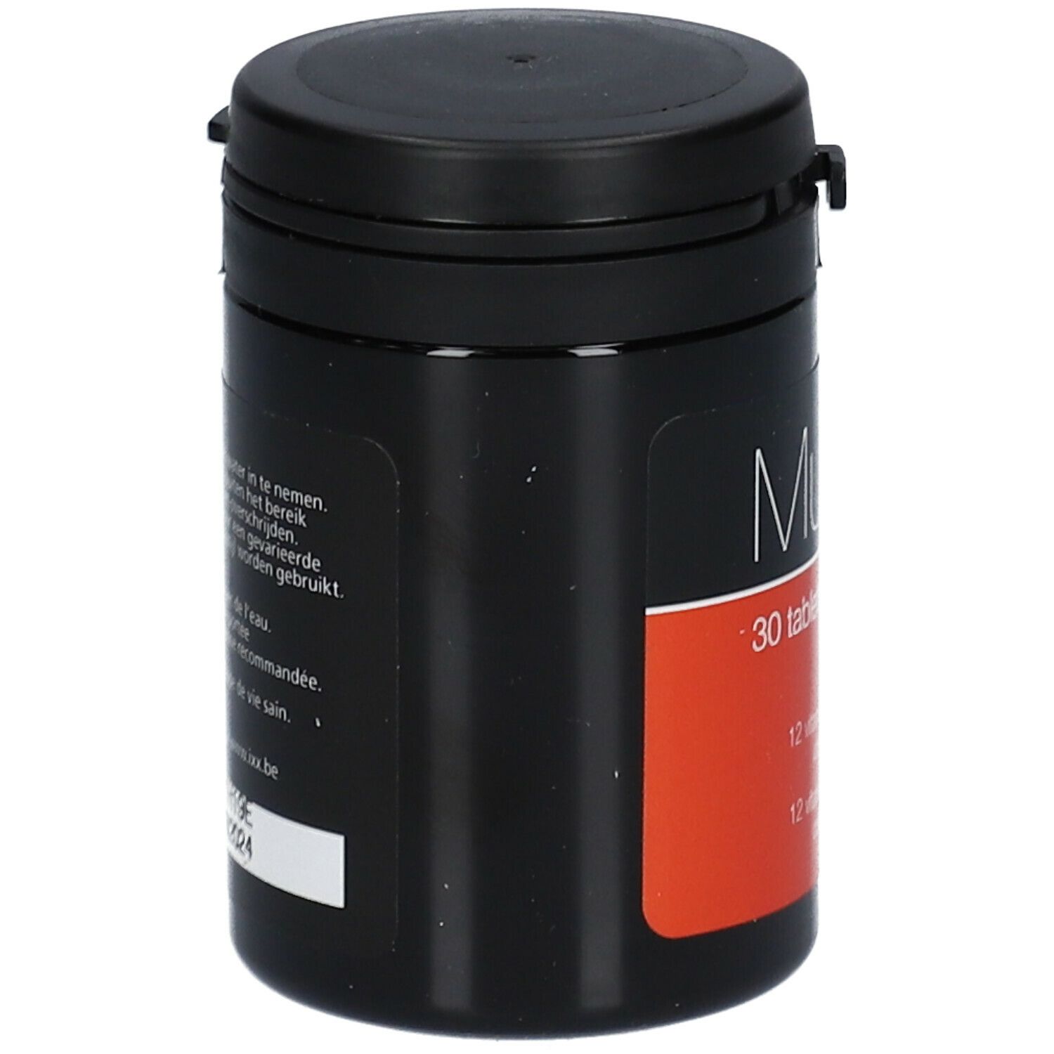 Zwarte pot met Mult-ixX. Label met productinformatie. Zwart deksel.