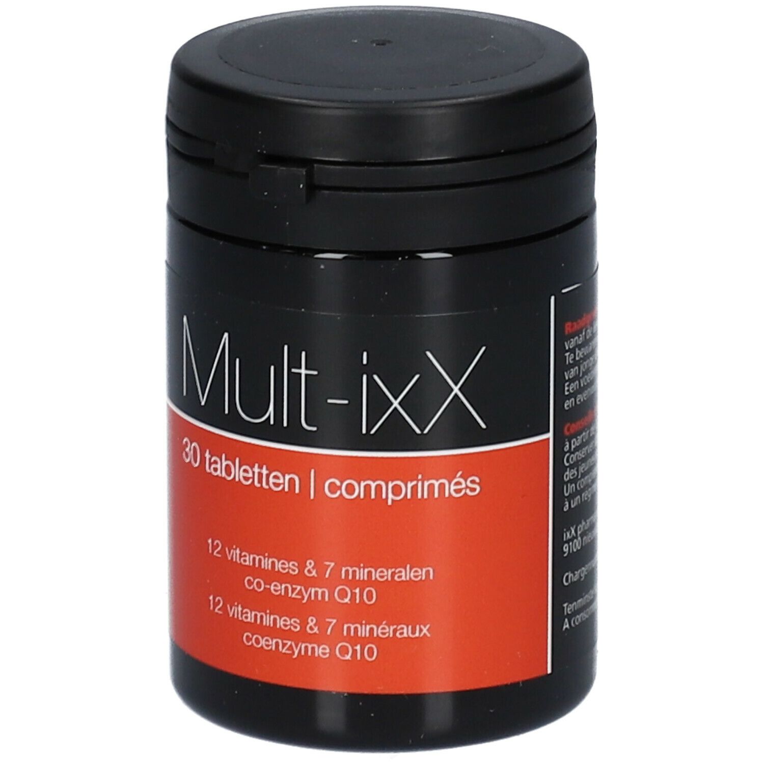 Zwarte pot met Mult-ixX. Label met 30 tabletten, 12 vitaminen & 7 mineralen, co-enzym Q10. Zwart deksel.