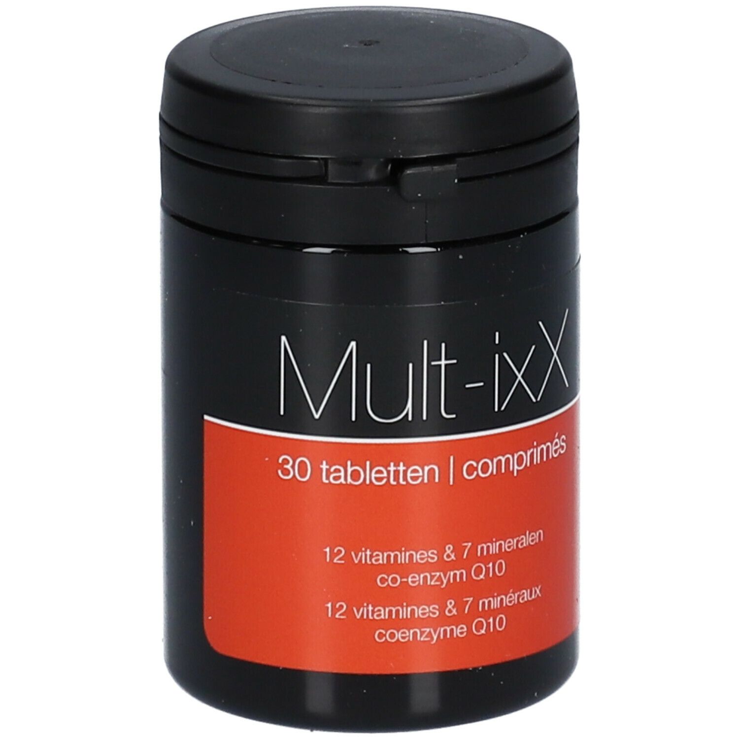 Zwarte pot met Mult-ixX. Label met 30 tabletten, 12 vitaminen & 7 mineralen, co-enzym Q10. Zwart deksel.