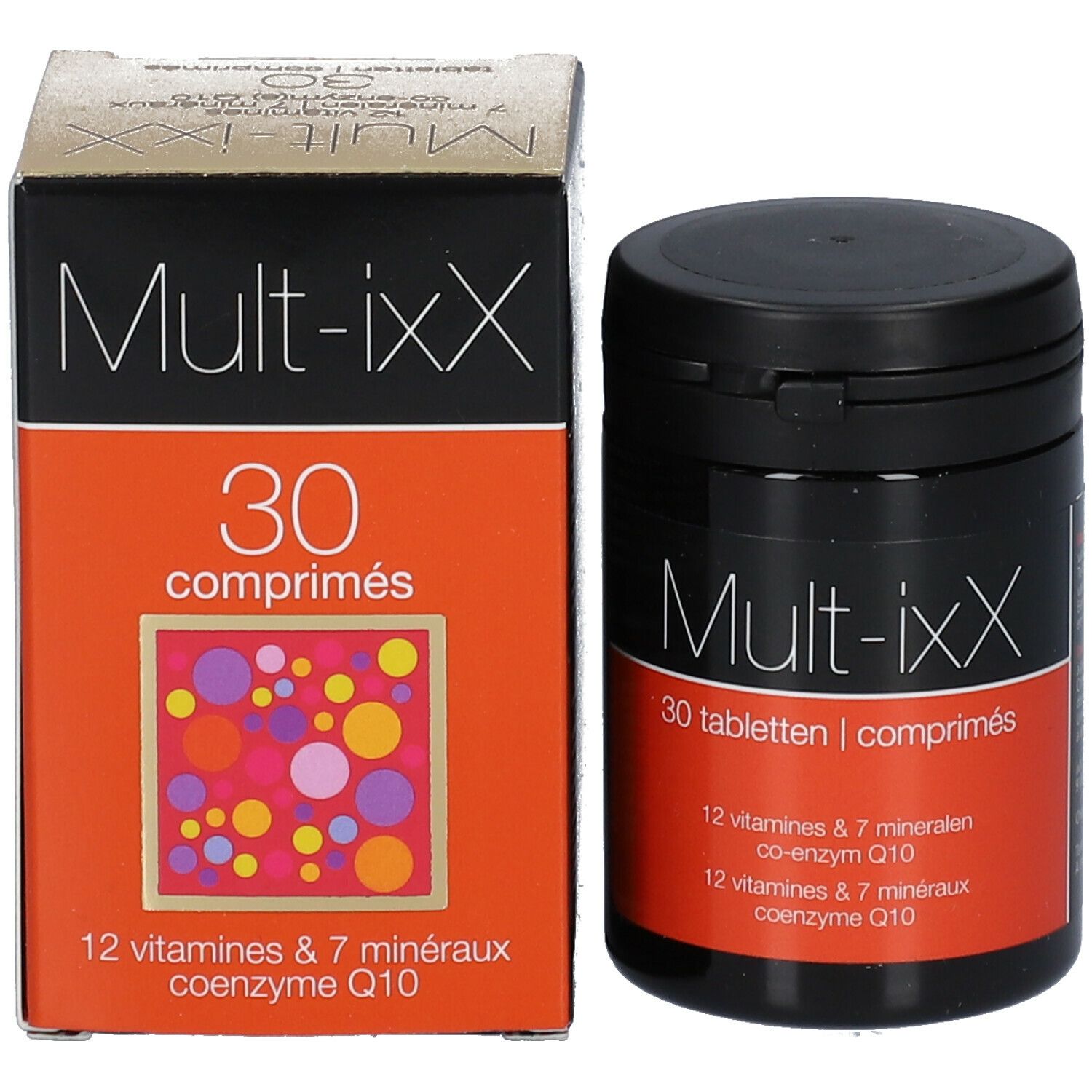 Mult-ixX verpakking met pot en doos. Doos met 30 tabletten, 12 vitaminen & 7 mineralen, co-enzym Q10.