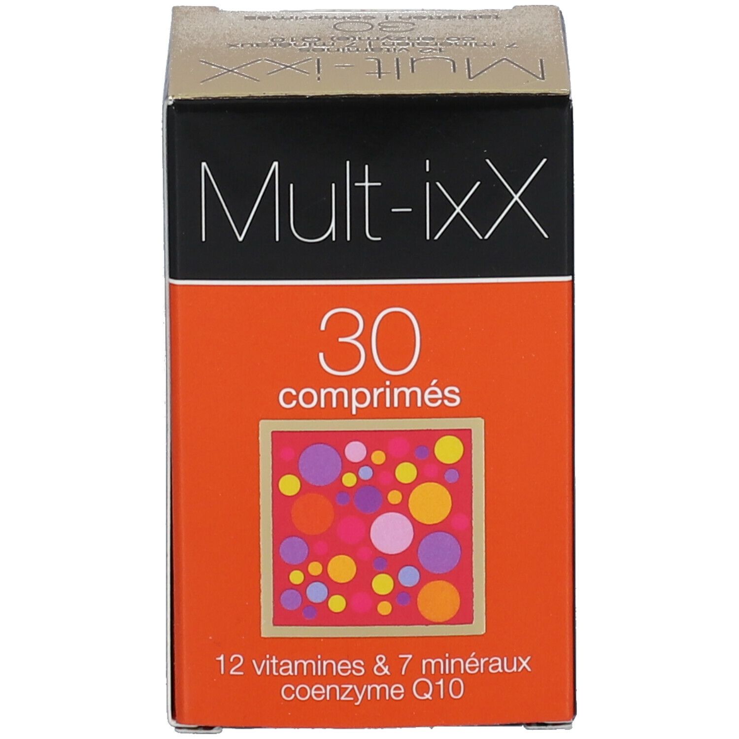 Mult-ixX doos. 30 tabletten, 12 vitaminen & 7 mineralen, co-enzym Q10. Oranje achtergrond.