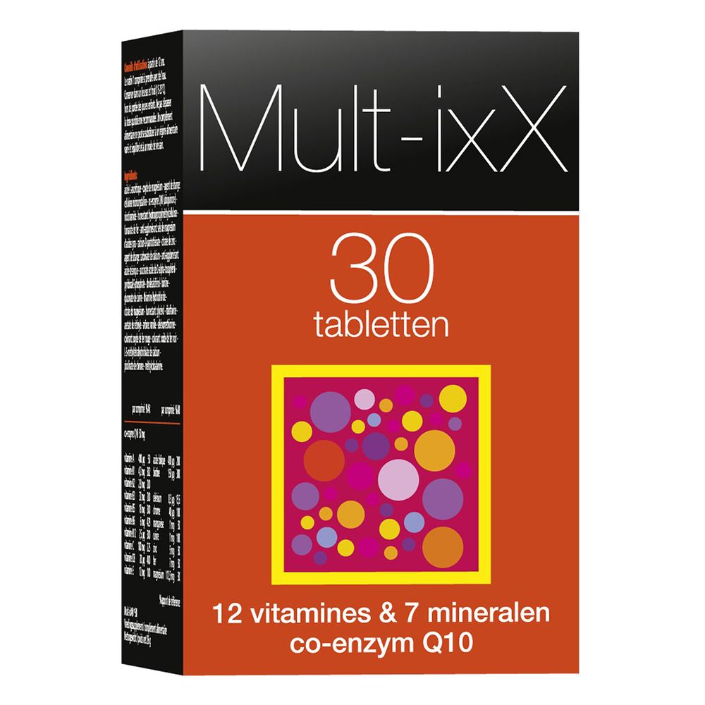 Mult-ixX doos. 30 tabletten, 12 vitaminen & 7 mineralen, co-enzym Q10. Oranje achtergrond.