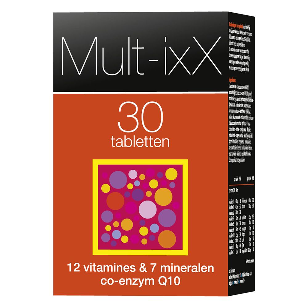 Mult-ixX doos. 30 tabletten, 12 vitaminen & 7 mineralen, co-enzym Q10. Oranje achtergrond.