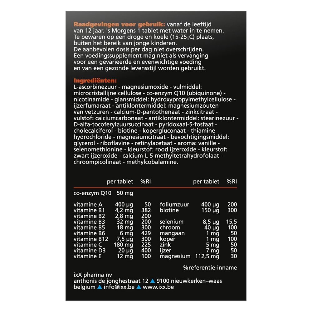 Mult-ixX doos. 30 tabletten, 12 vitaminen & 7 mineralen, co-enzym Q10. Oranje achtergrond.