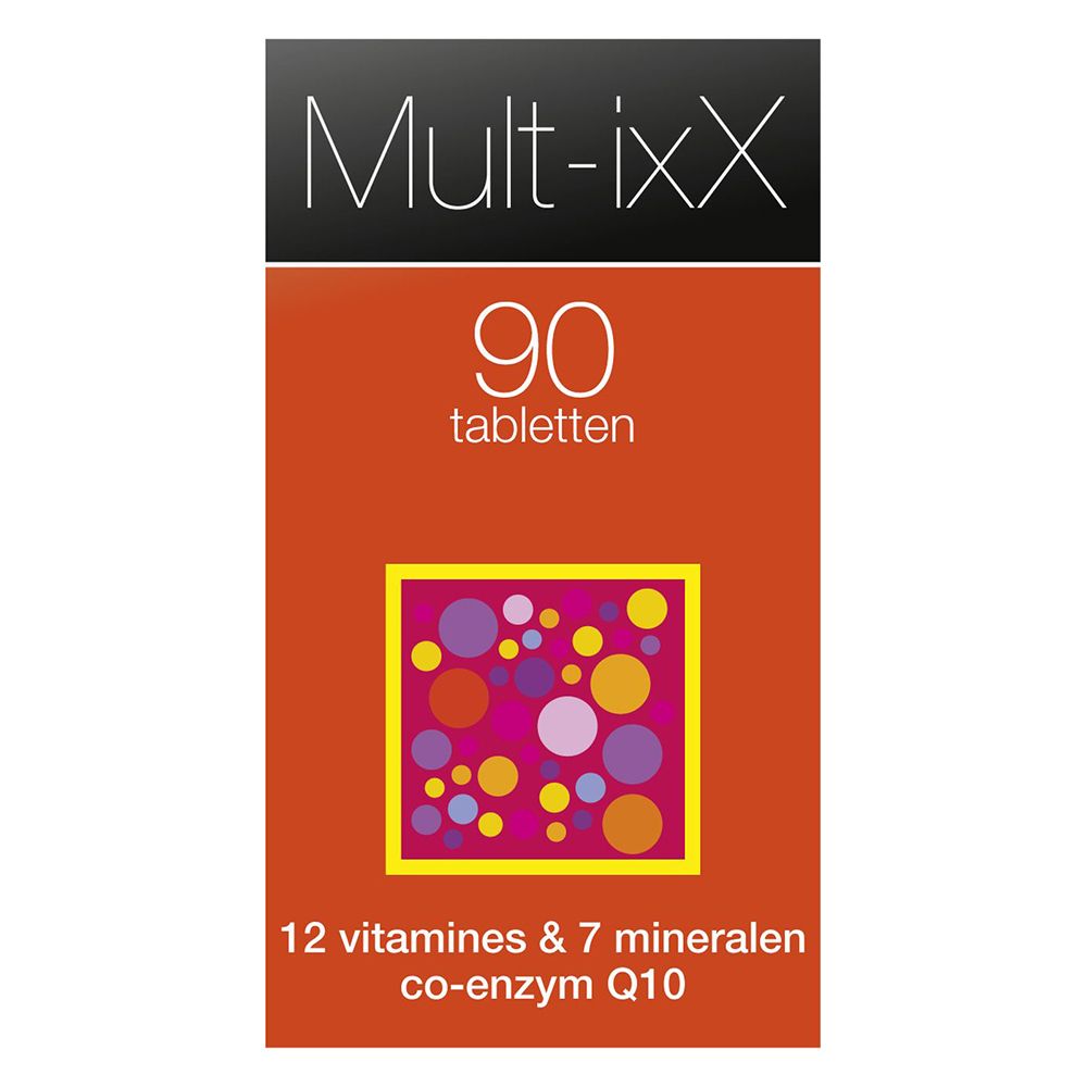 Doos met tabletten. Opschrift: Mult-ixX, 90 tabletten, 12 vitaminen & 7 mineralen, co-enzym Q10.