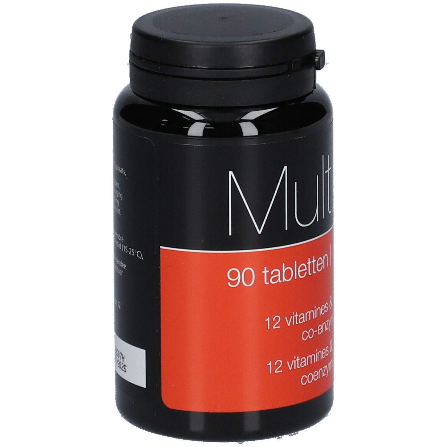 Zwarte fles met tabletten. Opschrift: Mult-ixX, 90 tabletten, 12 vitaminen & 7 mineralen, co-enzym Q10.
