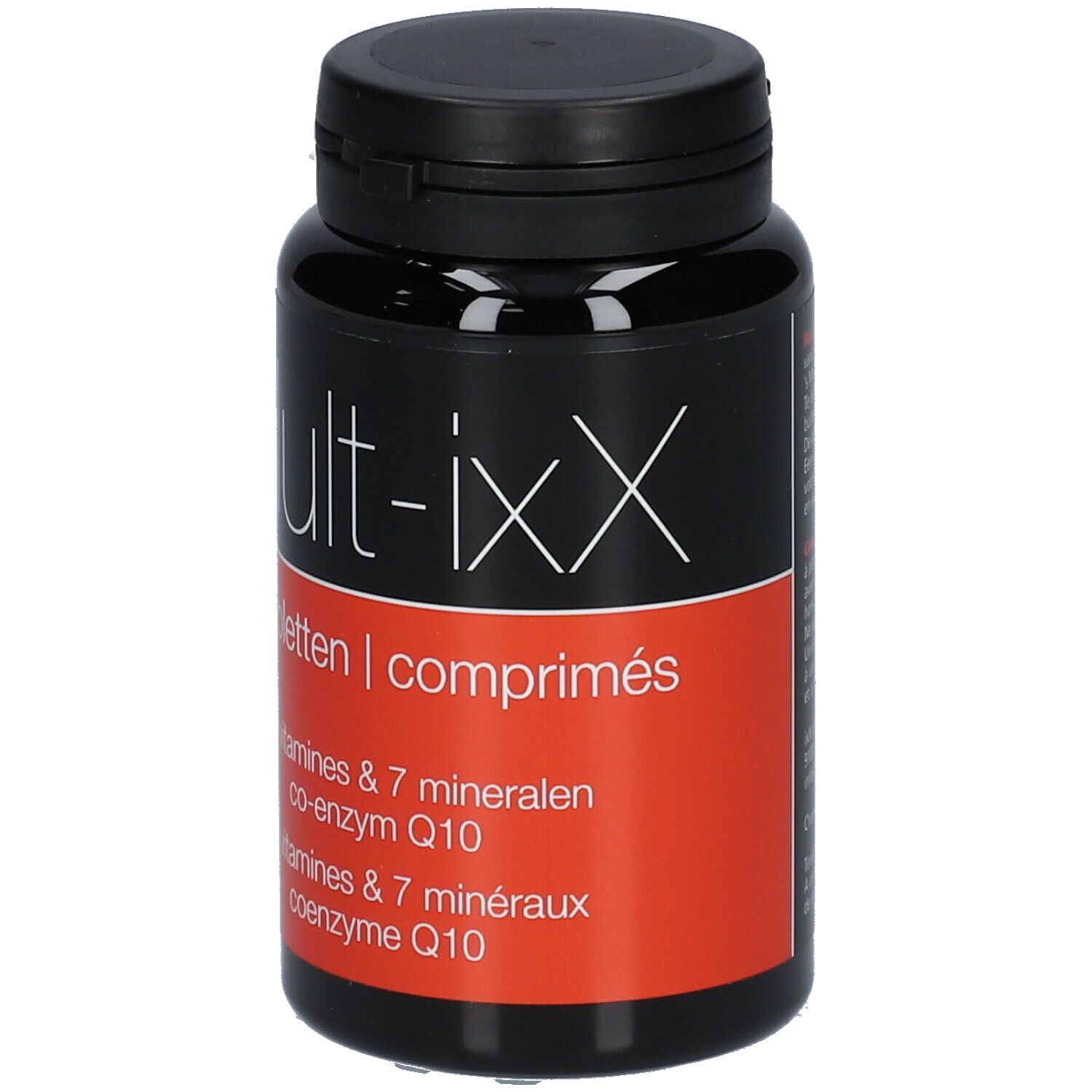 Zwarte fles met tabletten. Opschrift: Mult-ixX, tabletten, 12 vitaminen & 7 mineralen, co-enzym Q10.