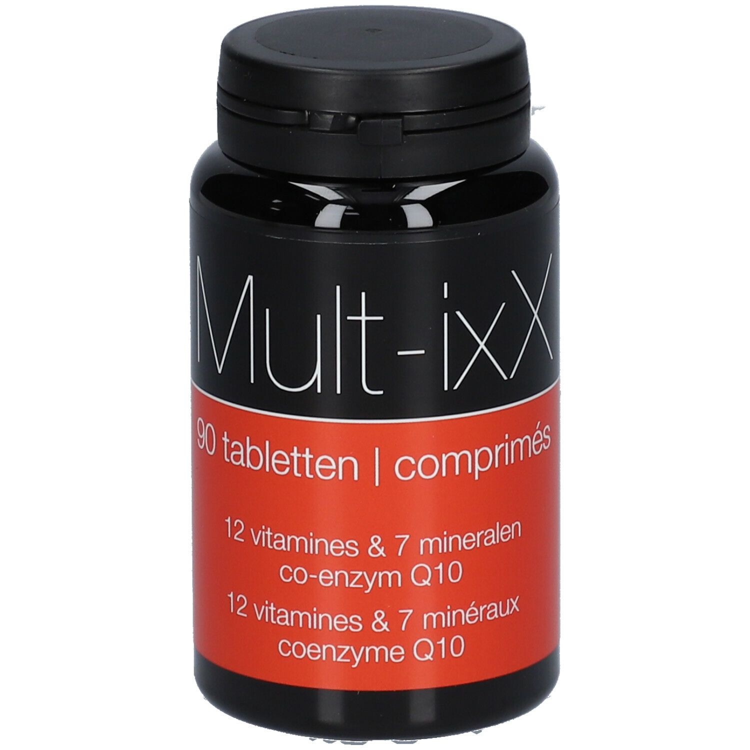 Zwarte fles met tabletten. Opschrift: Mult-ixX, 90 tabletten, 12 vitaminen & 7 mineralen, co-enzym Q10.