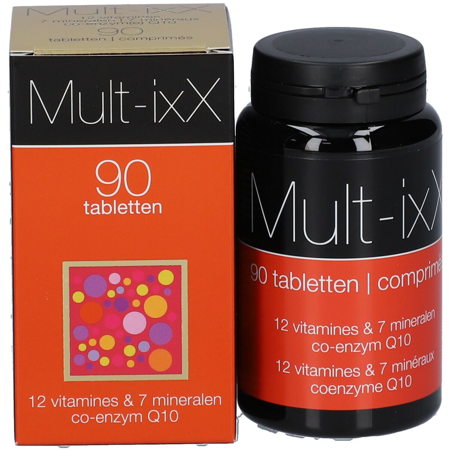 Tablettenfles en doos. Opschrift: Mult-ixX, 90 tabletten, 12 vitaminen & 7 mineralen, co-enzym Q10.