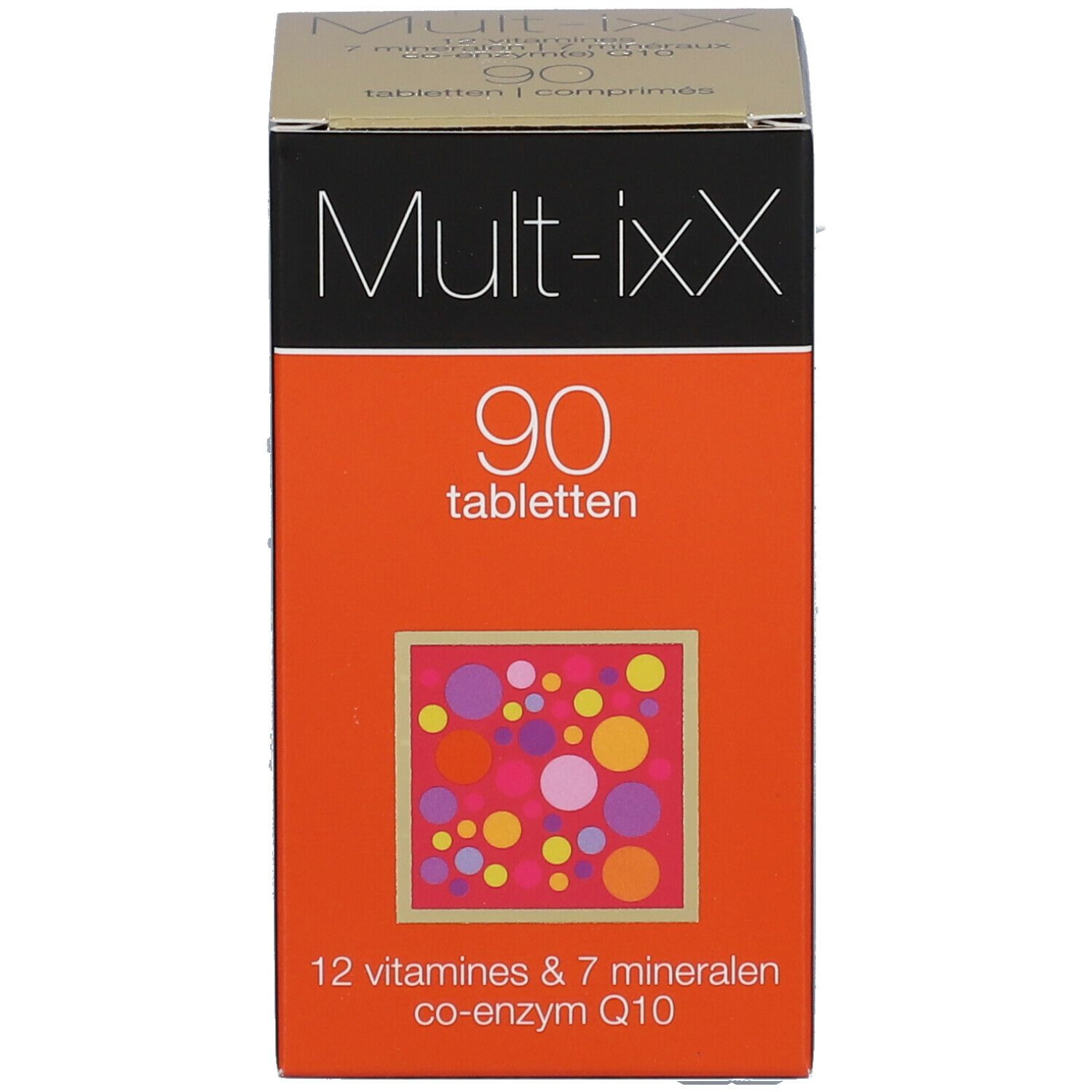 Doos met tabletten. Opschrift: Mult-ixX, 90 tabletten, 12 vitaminen & 7 mineralen, co-enzym Q10.