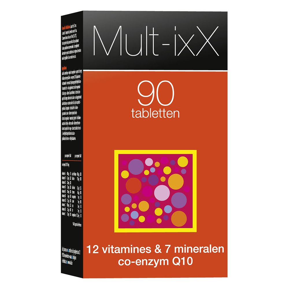 Doos met tabletten. Opschrift: Mult-ixX, 90 tabletten, 12 vitaminen & 7 mineralen, co-enzym Q10.