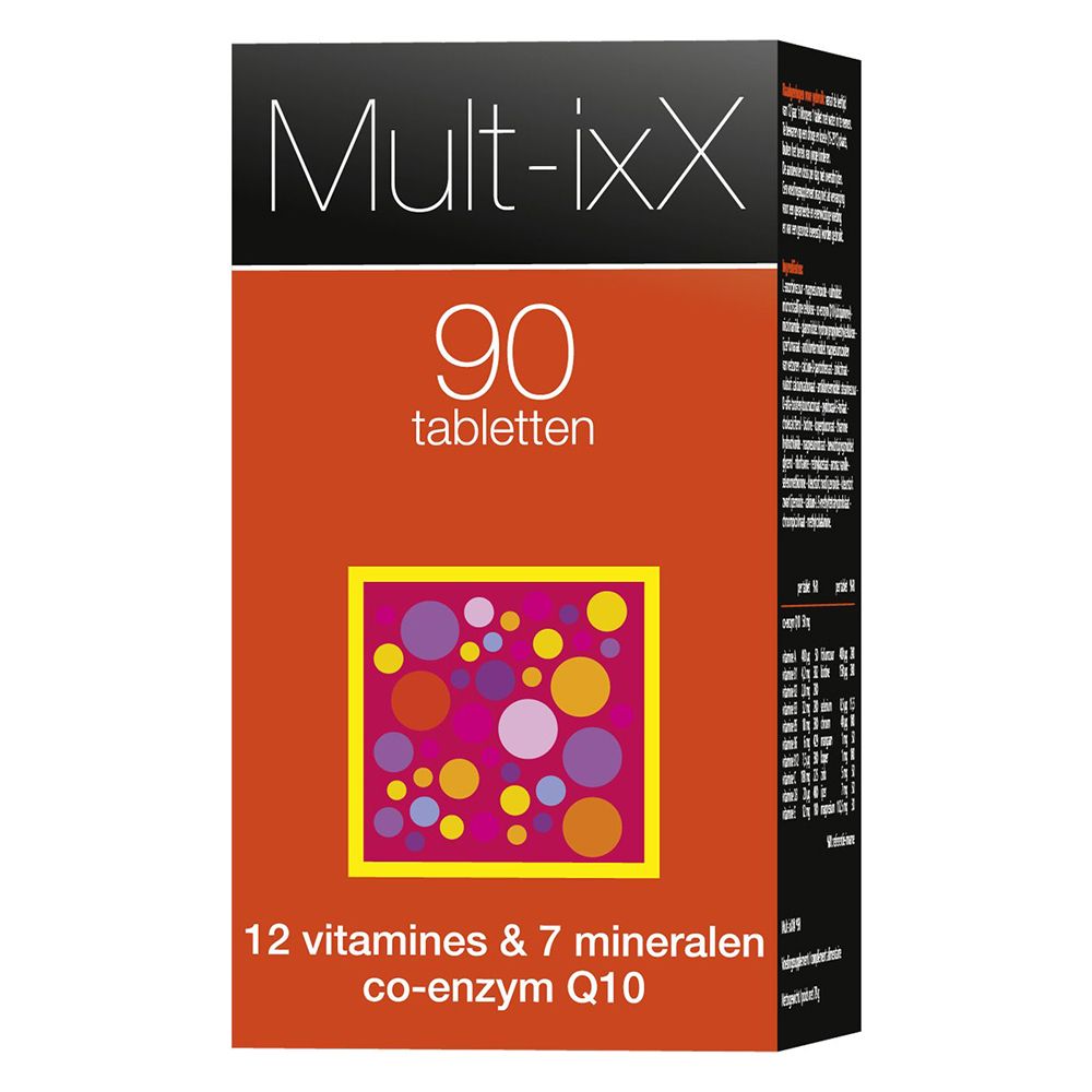 Doos met tabletten. Opschrift: Mult-ixX, 90 tabletten, 12 vitaminen & 7 mineralen, co-enzym Q10.