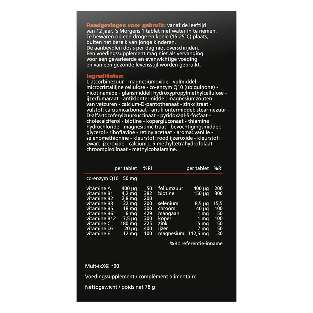 Achterkant van de tablettenfles. Tekst: Gebruiksaanwijzing, ingrediënten, voedingswaarde-informatie.