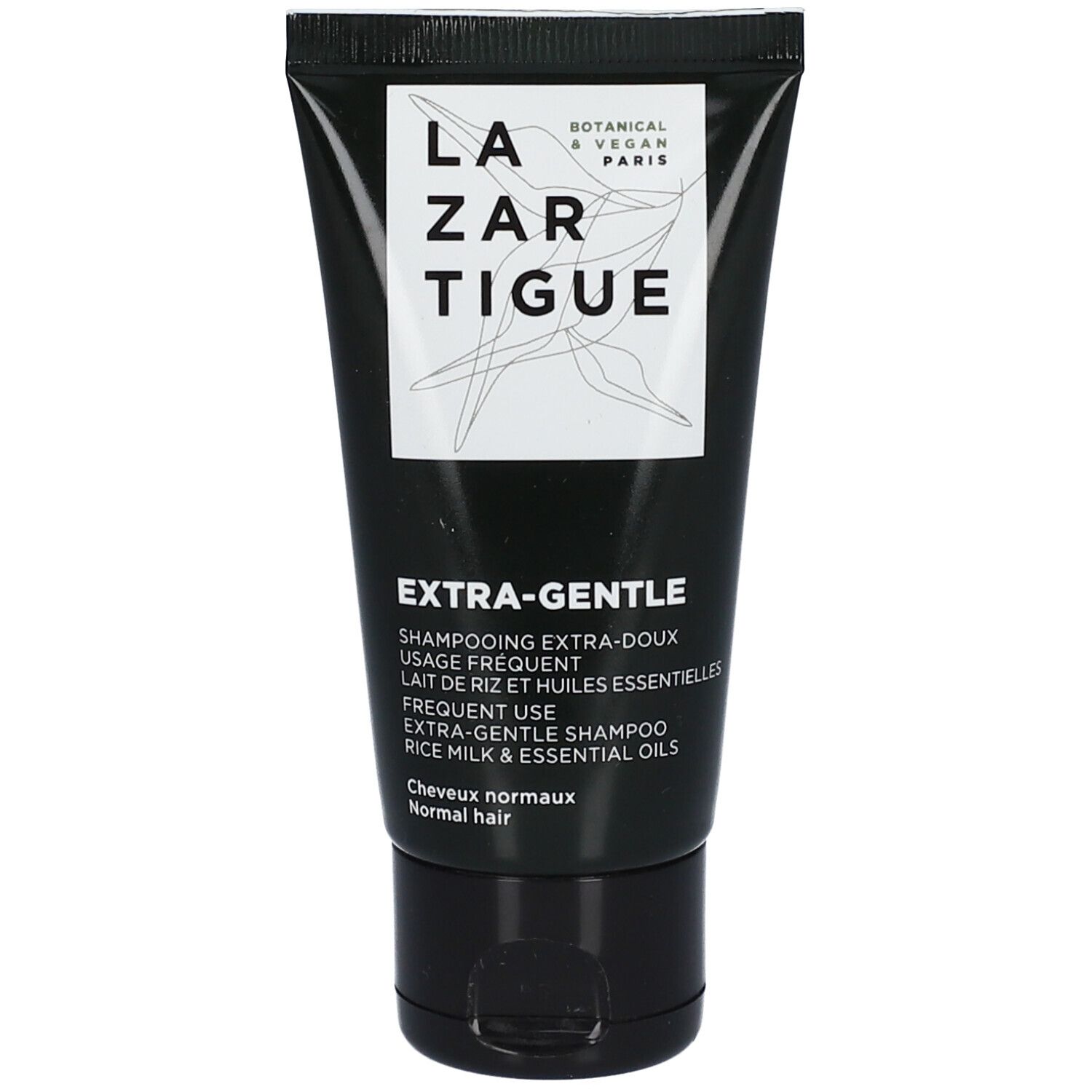 Schwarze Tube mit weißer Schrift. "LAZARTIGUE" und "EXTRA-GENTLE" sind sichtbar. Enthält Reismilch und ätherische Öle.