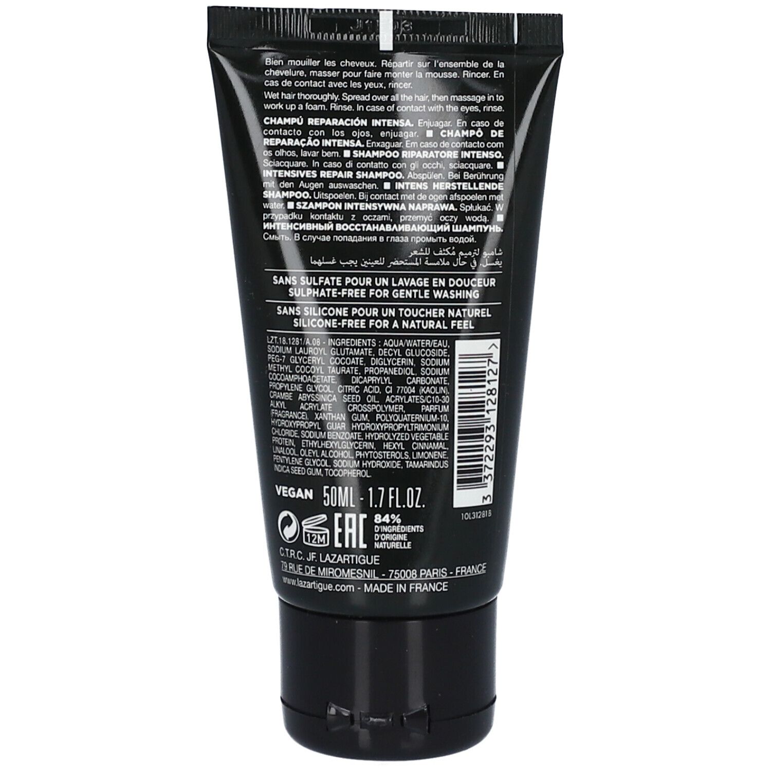 Rückseite der schwarzen Tube. Text in mehreren Sprachen. "VEGAN"-Logo. 50ml. Hergestellt in Frankreich.