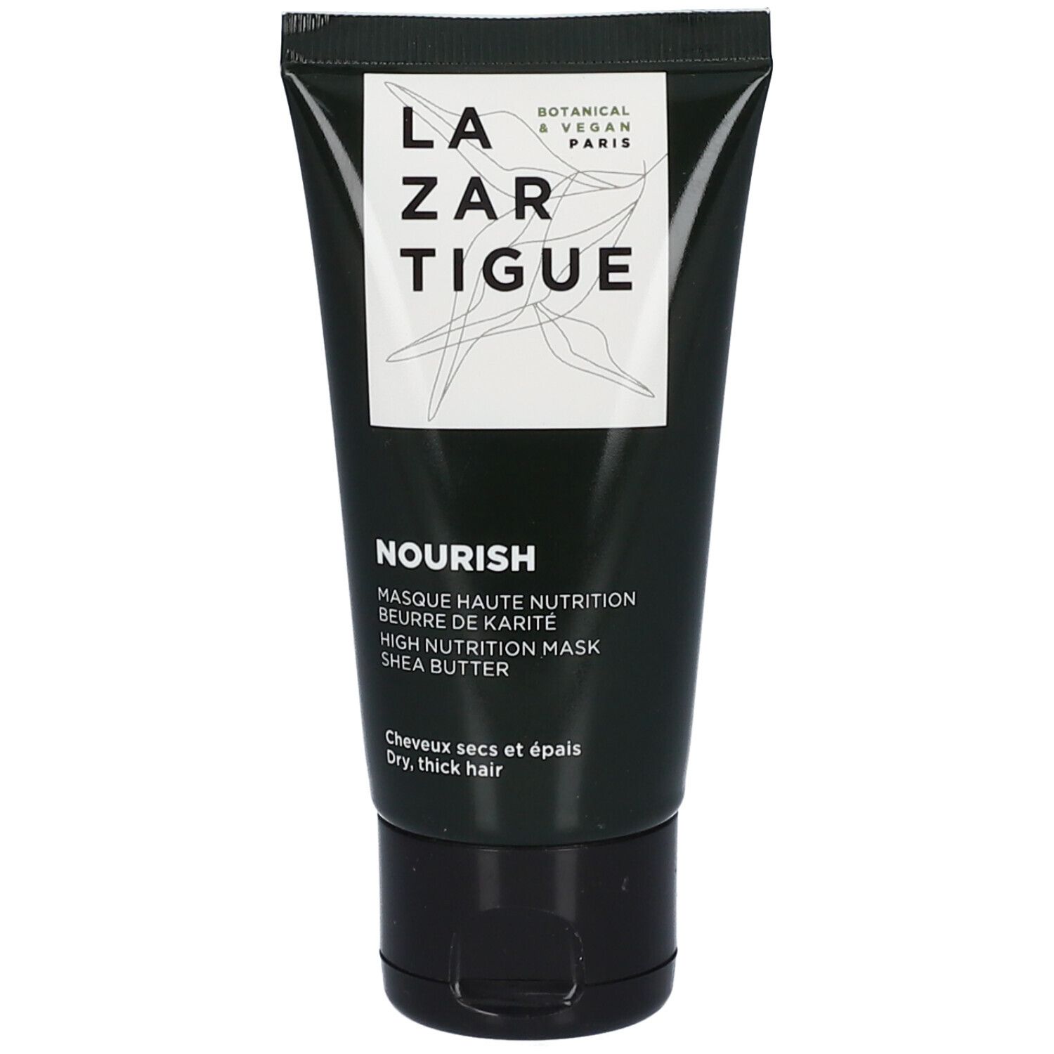 Schwarze Tube mit weißem Schriftzug LAZARTIGUE. Aufschrift: NOURISH, Masque Haute Nutrition, Shea Butter. Für trockenes, dickes Haar.