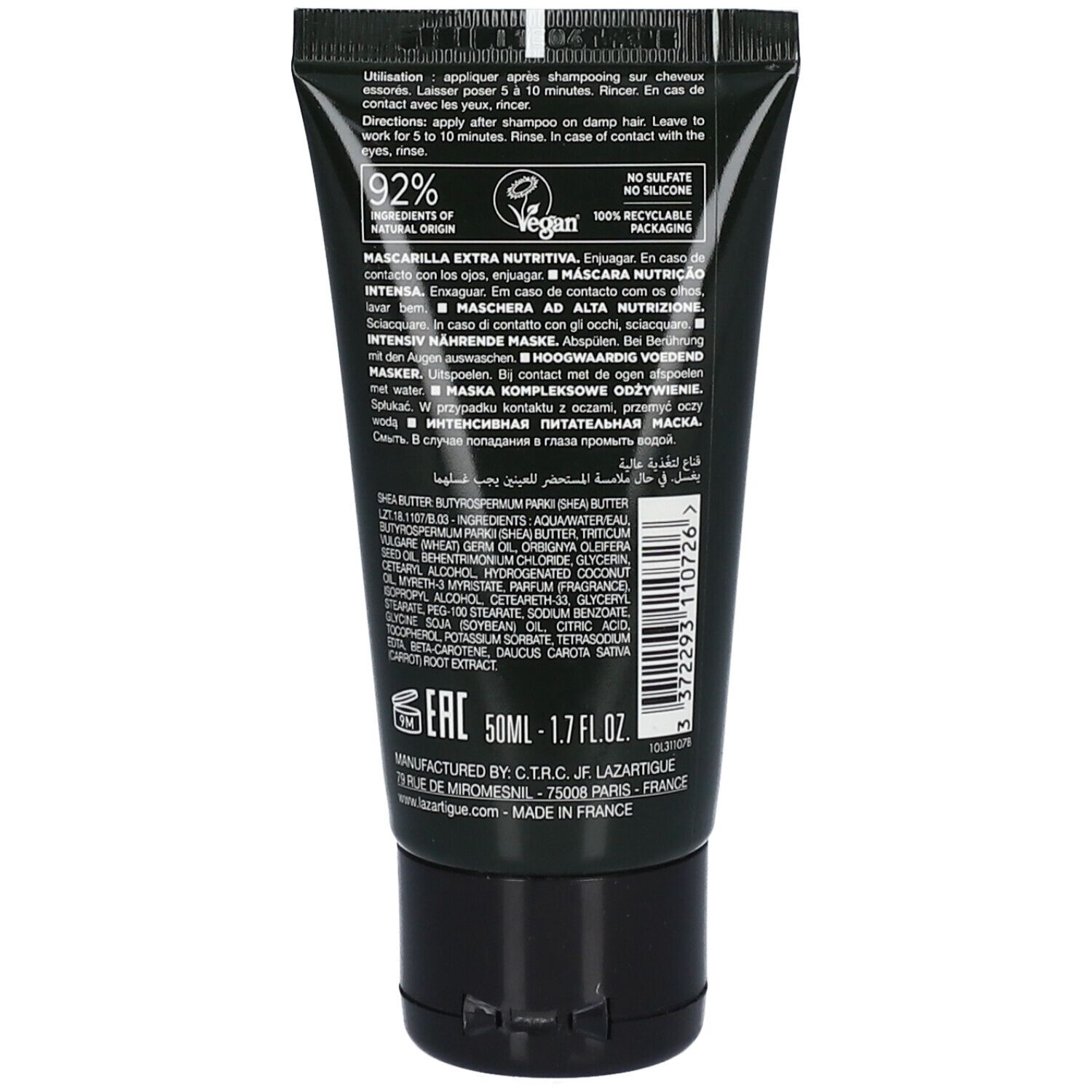 Rückseite der schwarzen Tube. Text in mehreren Sprachen. Enthält 92% natürlichen Ursprungs. Vegan. 100% recycelbare Verpackung.