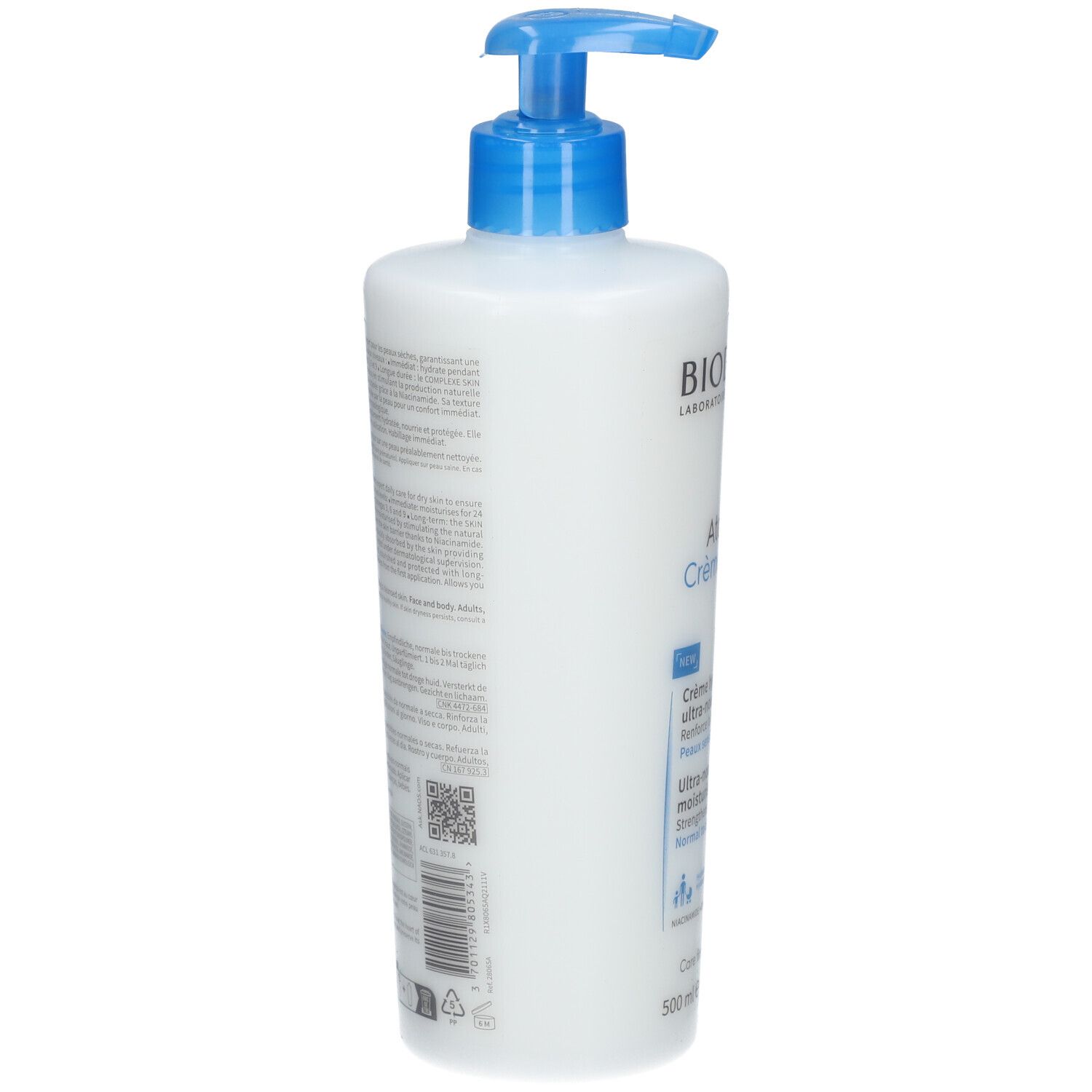 Witte fles met blauwe pomp. Achterkant met tekst en barcode. BIODERMA, Atoderm Crème Ultra. 500 ml.