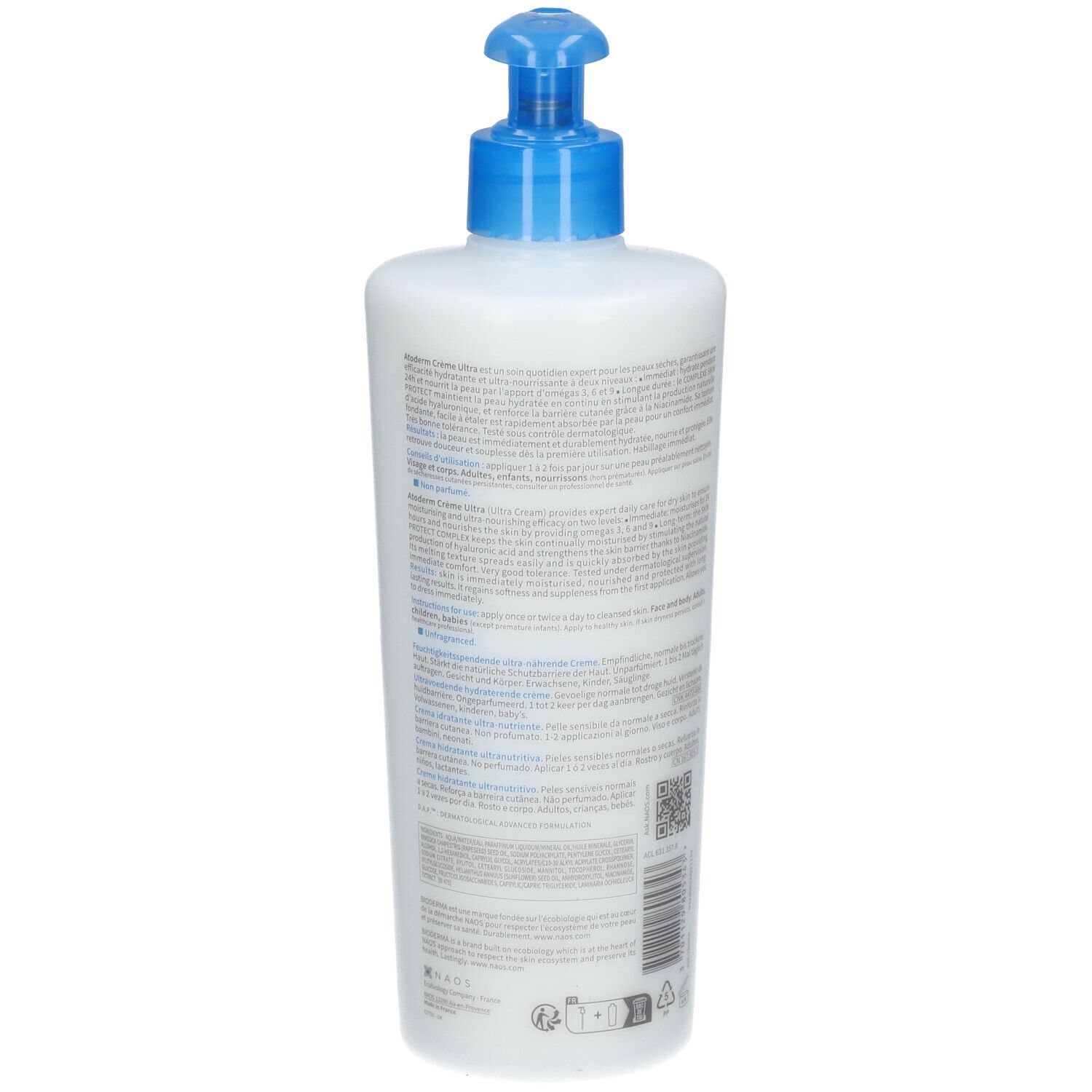 Witte fles met blauwe pomp. Achterkant met tekst. BIODERMA, Atoderm Crème Ultra. 500 ml.
