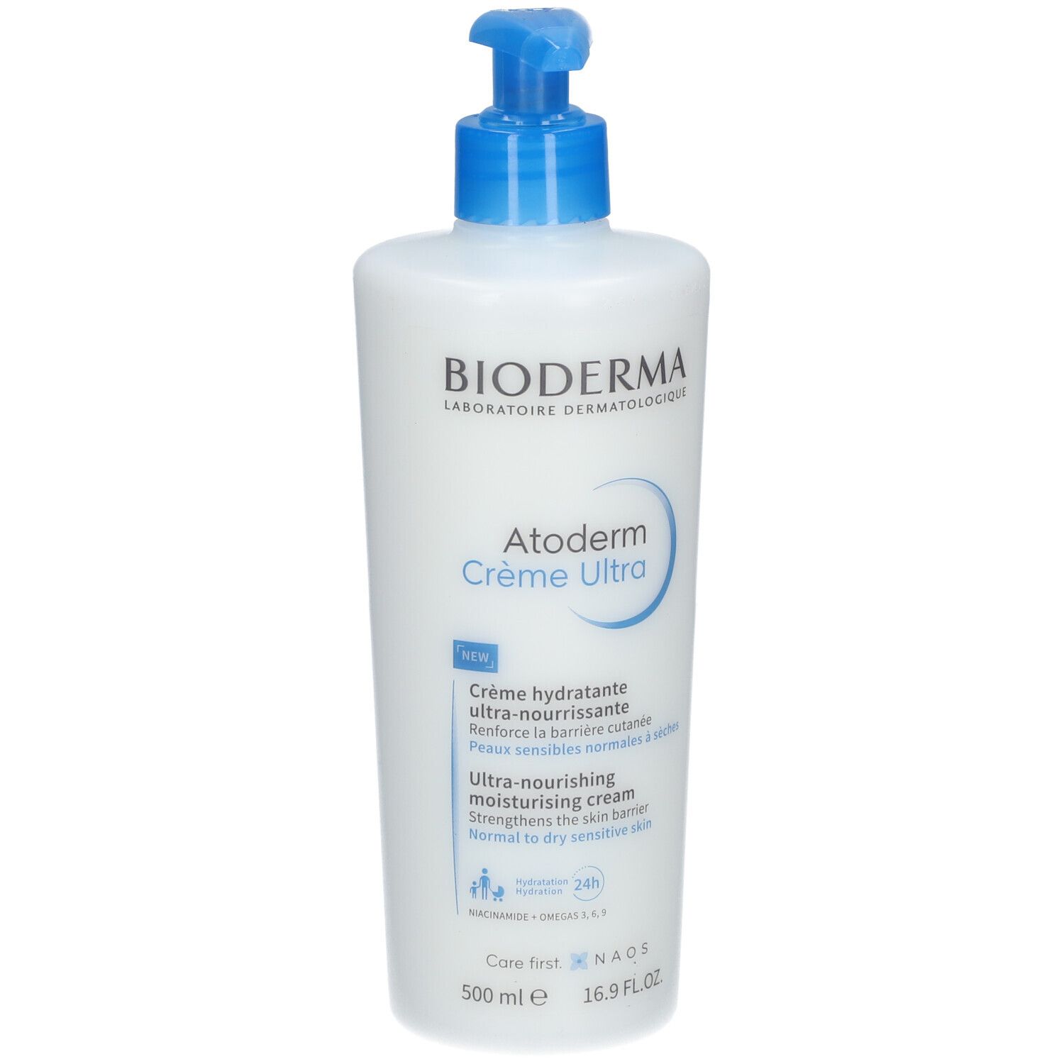 Witte fles met blauwe pomp. Opschrift: BIODERMA, Atoderm Crème Ultra. Tekst: Crème hydratante, ultra-voedende crème.