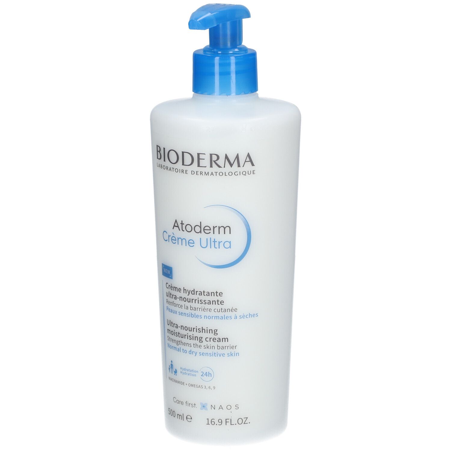 Witte fles met blauwe pomp. Opschrift: BIODERMA, Atoderm Crème Ultra. 500 ml.