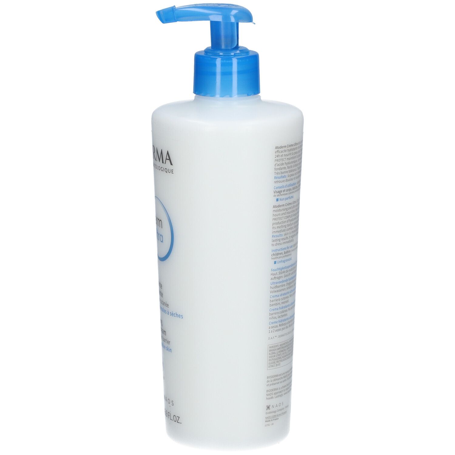 Witte fles met blauwe pomp. Achterkant met tekst. BIODERMA, Atoderm Crème Ultra. 500 ml.