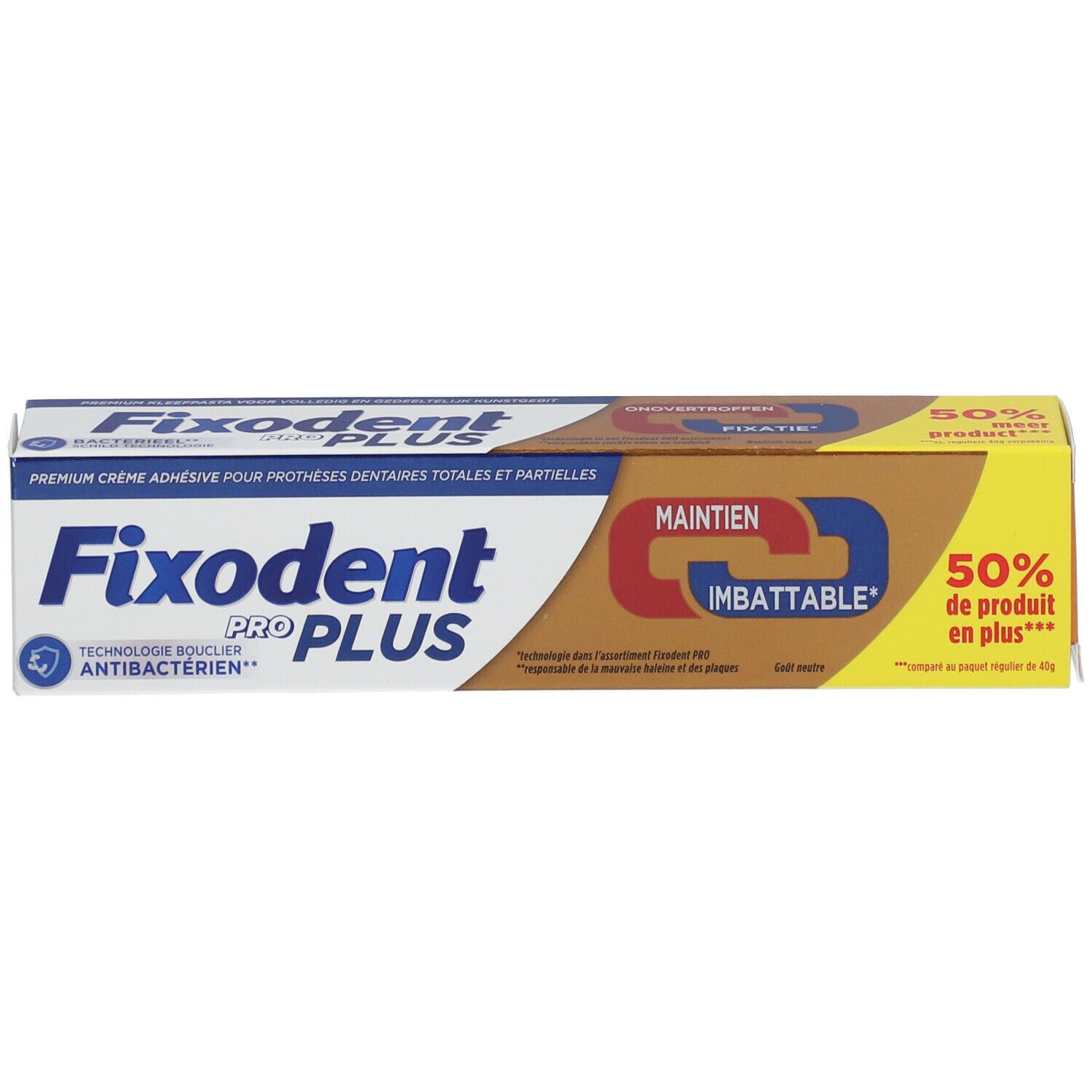 Fixodent Pro Plus verpakking. Blauw, bruin, geel. Opschrift en logo zichtbaar. Meertalige tekst.