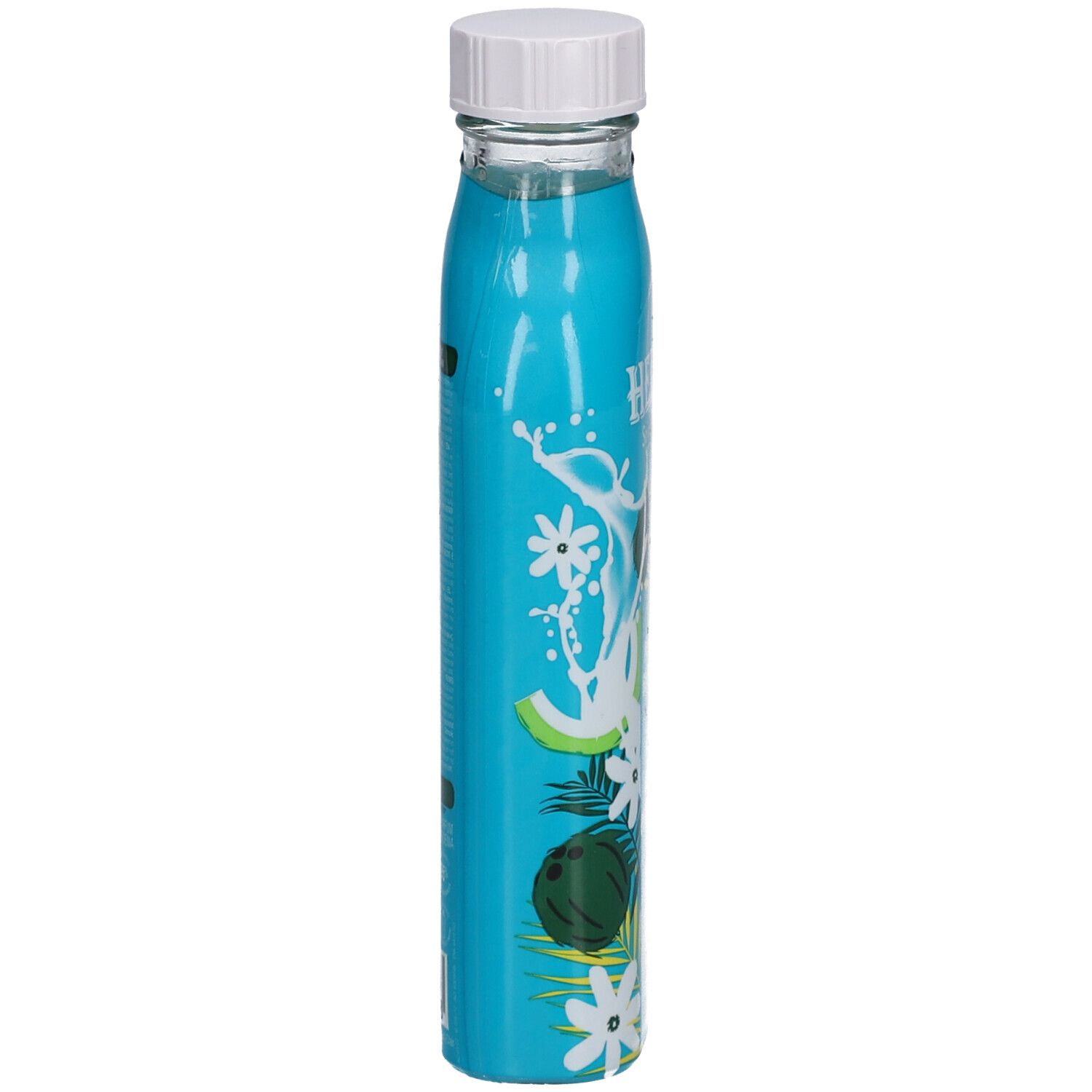 Blaue Flüssigkeit in einer schlanken Flasche mit Kokosnuss- und Blumenmuster.
