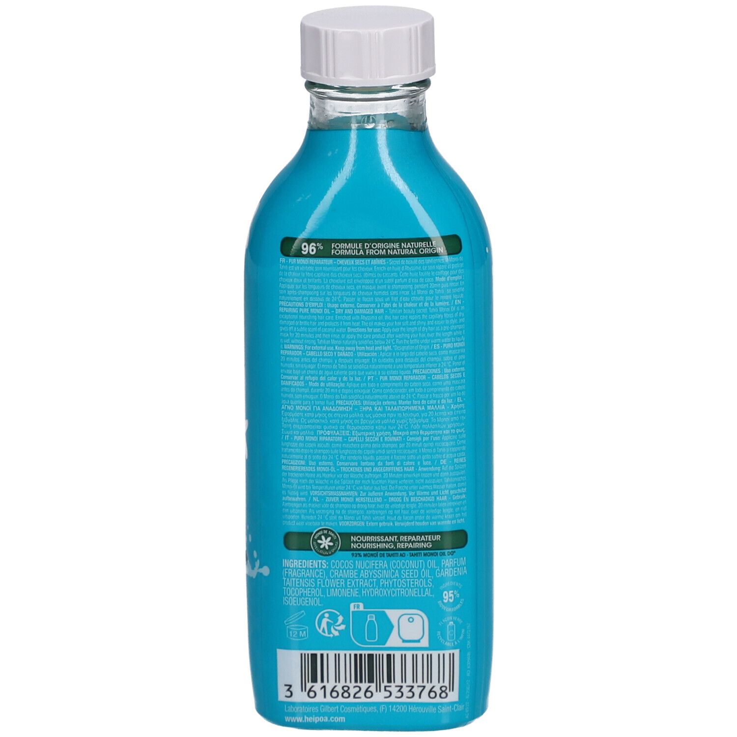 Türkise Flasche mit weißem Deckel, Rückseite mit Text und Barcode. 96% natürliche Formel.