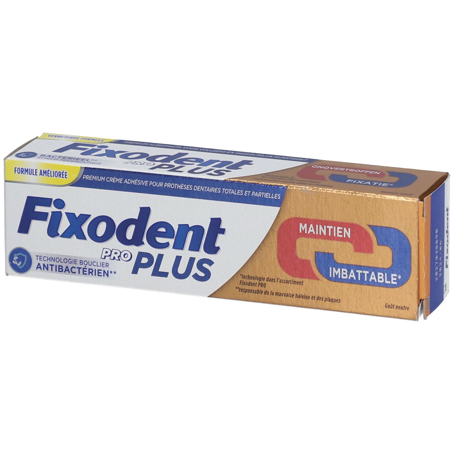 Verpakking Fixodent Pro Plus. Blauwe en witte tekst, gouden achtergrond. Antibacterieel.