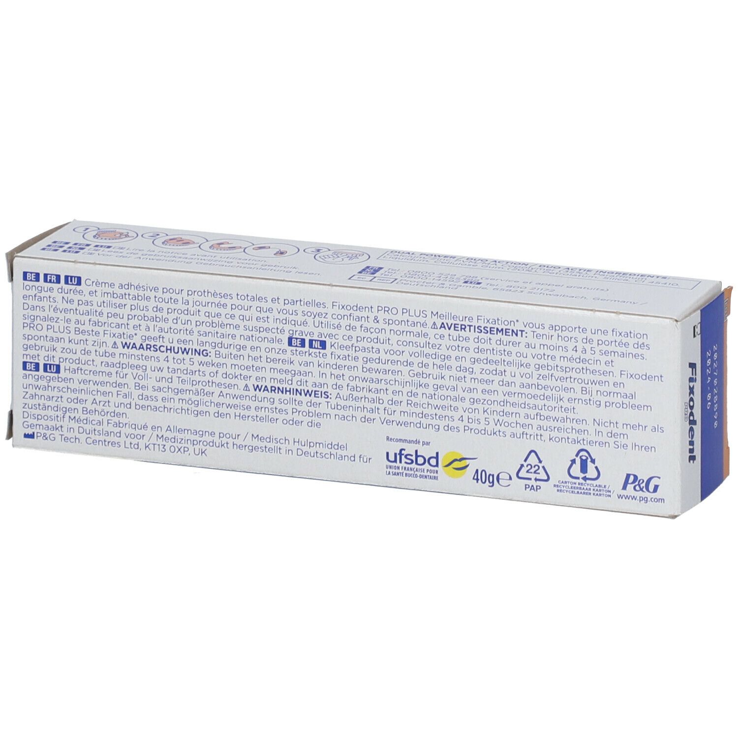 Achterkant van de Fixodent Pro Plus verpakking. Meertalige tekst. 40g. P&G logo.