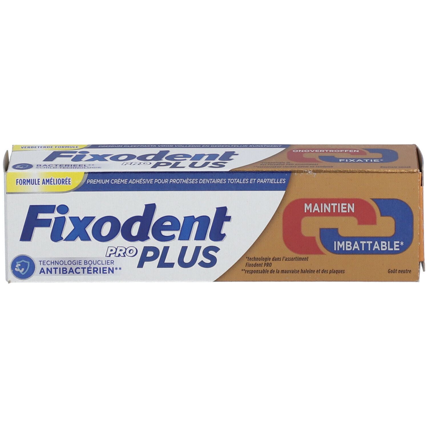 Fixodent Pro Plus verpakking. Blauwe en witte tekst, gouden achtergrond. Antibacterieel.