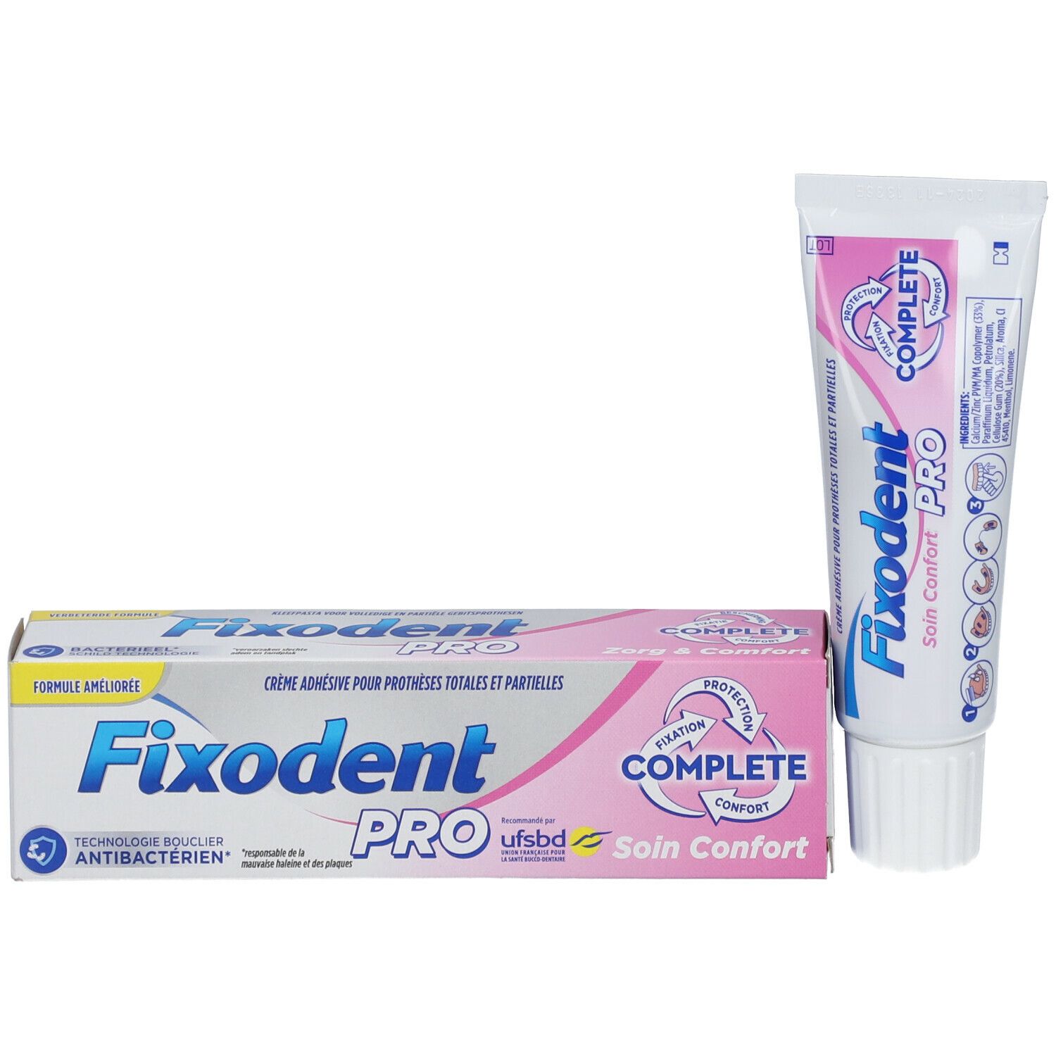 Tube et boîte de crème adhésive. Inscriptions: Fixodent Pro, Complete, Soin Confort. Emballage blanc et rose.