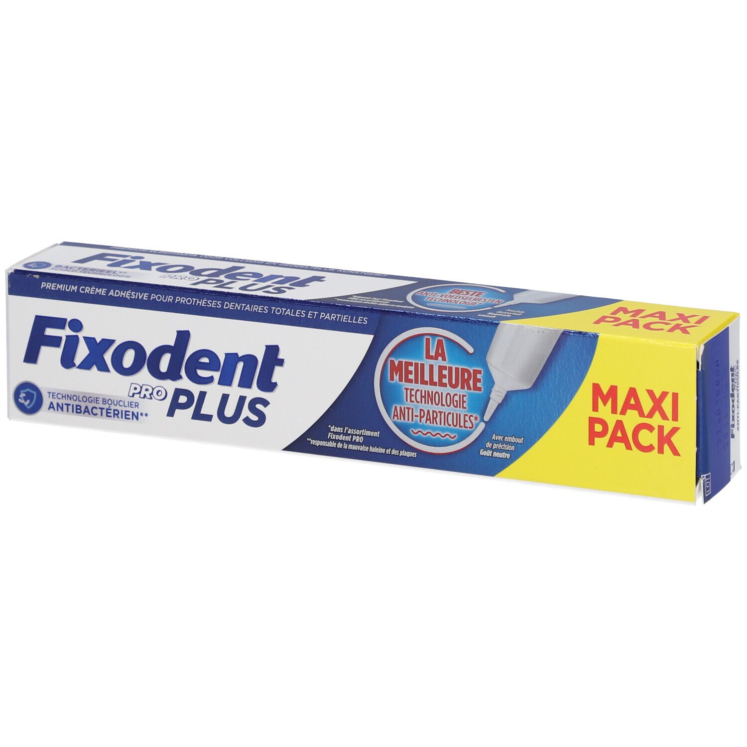 Fixodent Pro Plus verpakking. Blauw-witte doos met productnaam en 'Maxi Pack'.
