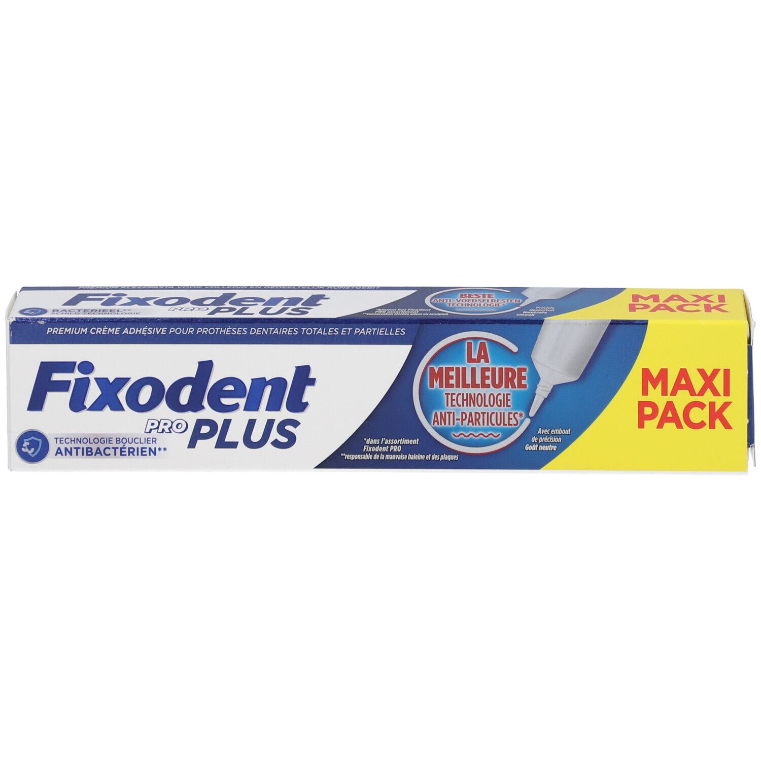 Fixodent Pro Plus verpakking. Blauw-witte doos met productnaam en 'Maxi Pack'.
