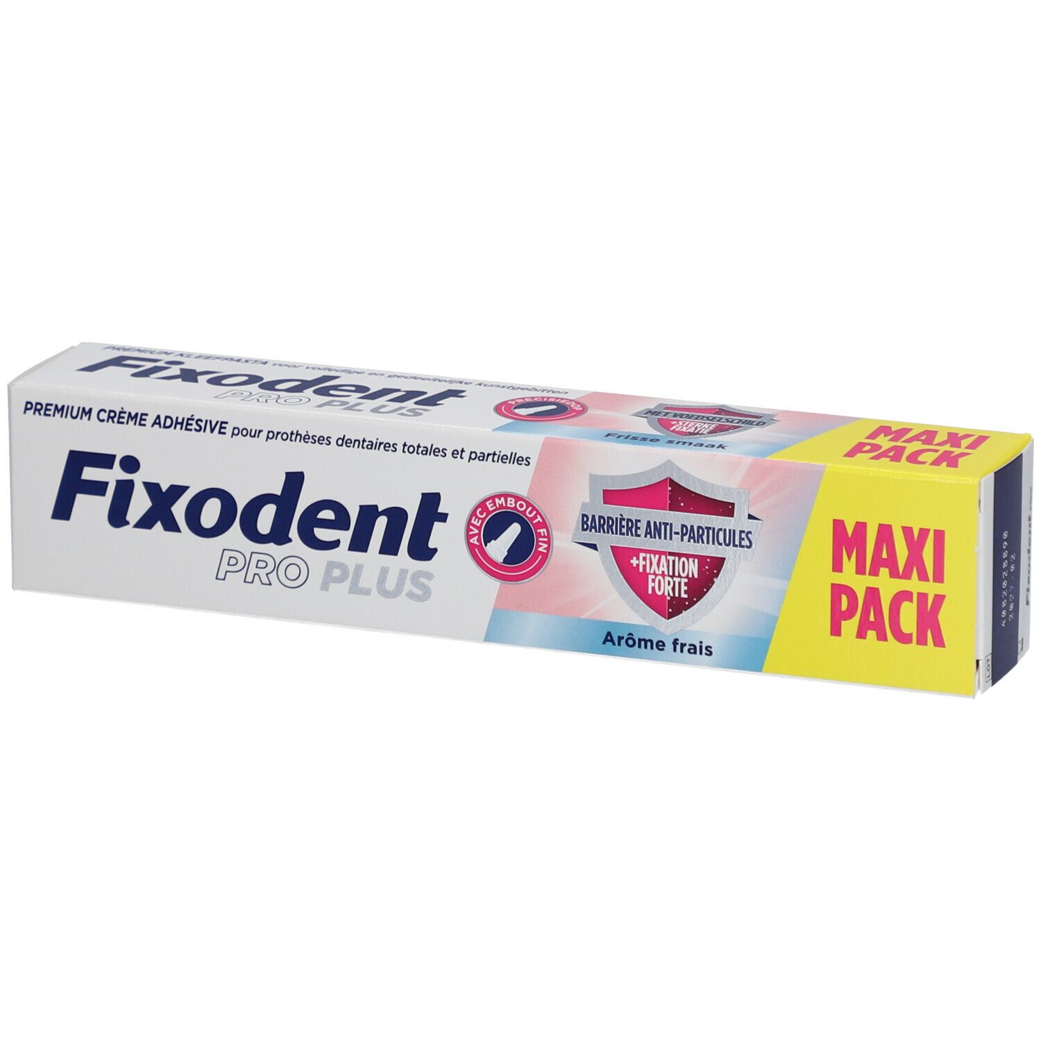 Emballage Fixodent Pro Plus. Blanc, bleu et jaune. Contient le nom du produit et "Maxi Pack".